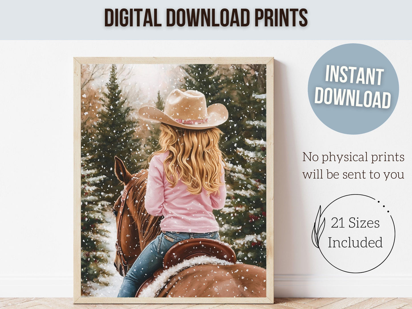 Cowgirl Horse Christmas Wall Art, Western Cowgirl Horse Nursery Wall Decor, Winter Forest Wall Decor, Christmas Cowgirl Horse Digital Print
