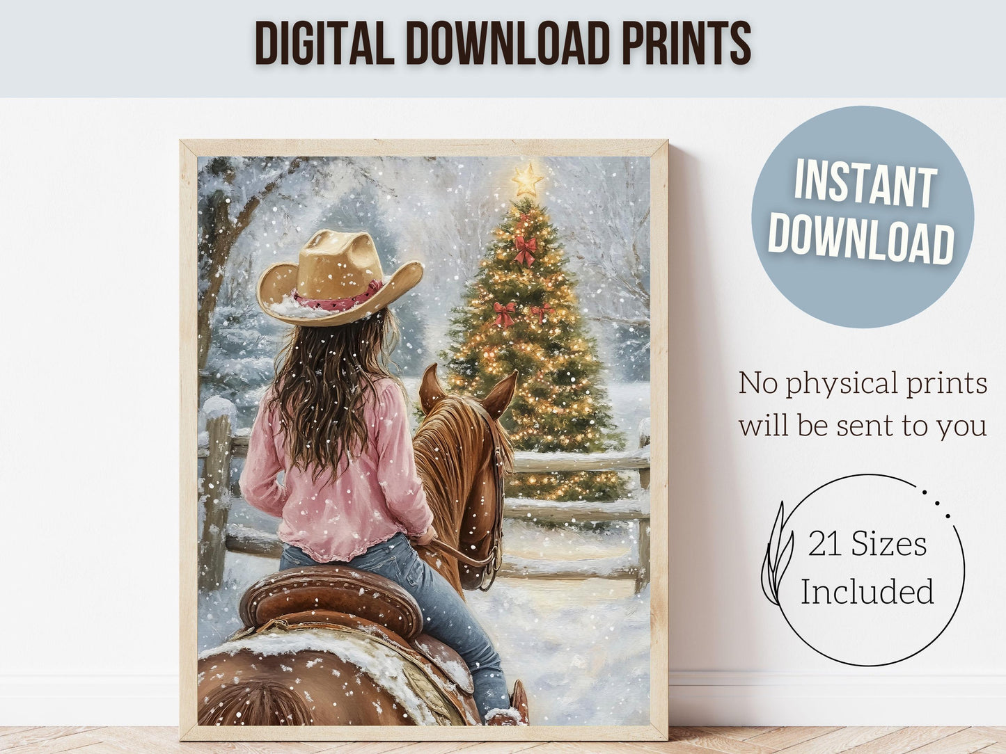 Cowgirl Horse Christmas Wall Art, Western Cowgirl Horse Bedroom Wall Decor, Winter Forest Wall Decor, Christmas Cowgirl Horse Digital Print