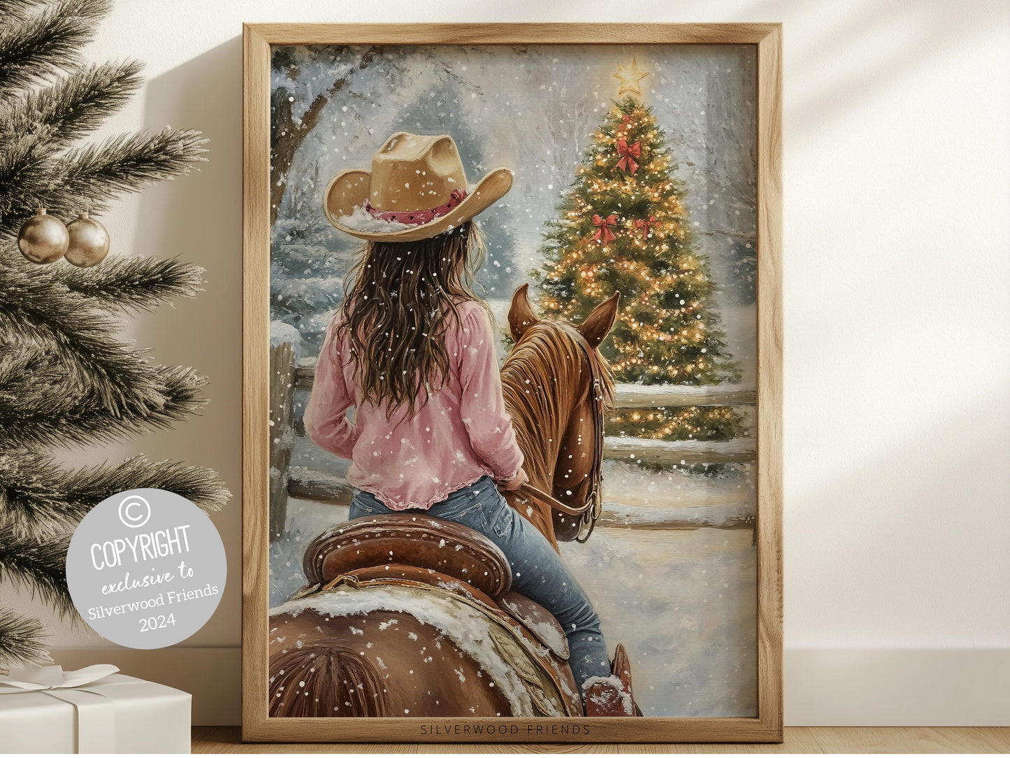 Cowgirl Horse Christmas Wall Art, Western Cowgirl Horse Bedroom Wall Decor, Winter Forest Wall Decor, Christmas Cowgirl Horse Digital Print