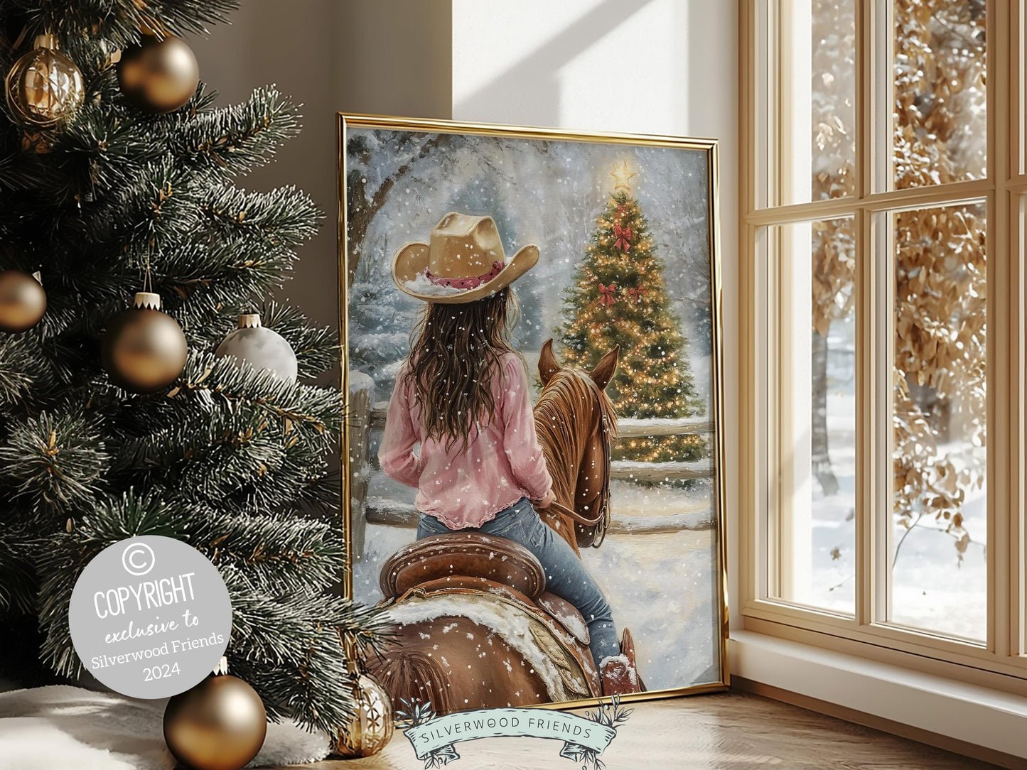 Cowgirl Horse Christmas Wall Art, Western Cowgirl Horse Bedroom Wall Decor, Winter Forest Wall Decor, Christmas Cowgirl Horse Digital Print