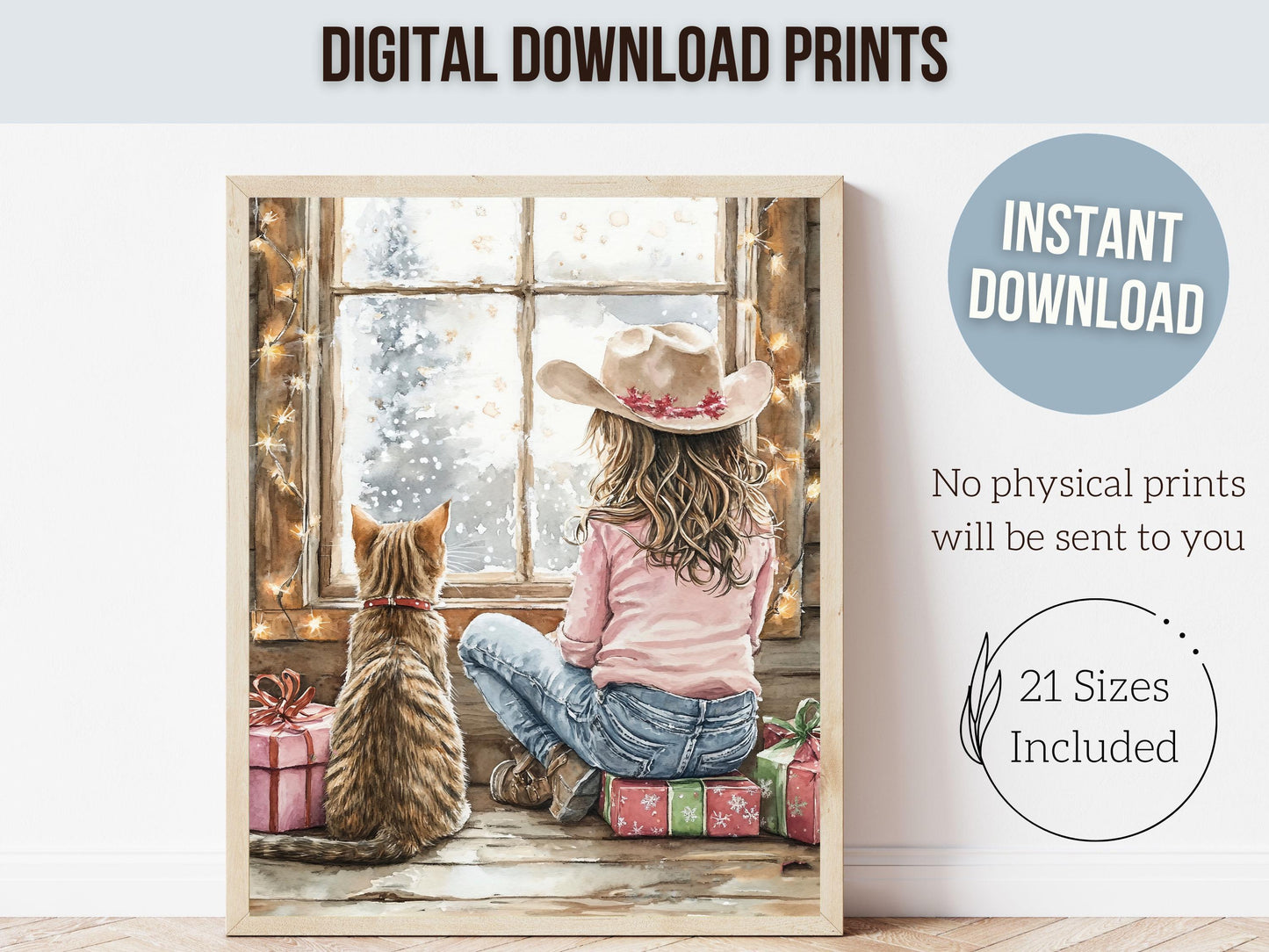 Christmas Wall Art, Cowgirl Cat Print, Baby Girl Western Christmas Nursery Decor, Rustic Seasonal Home Decor, Cat Lovers Gift Digital Print