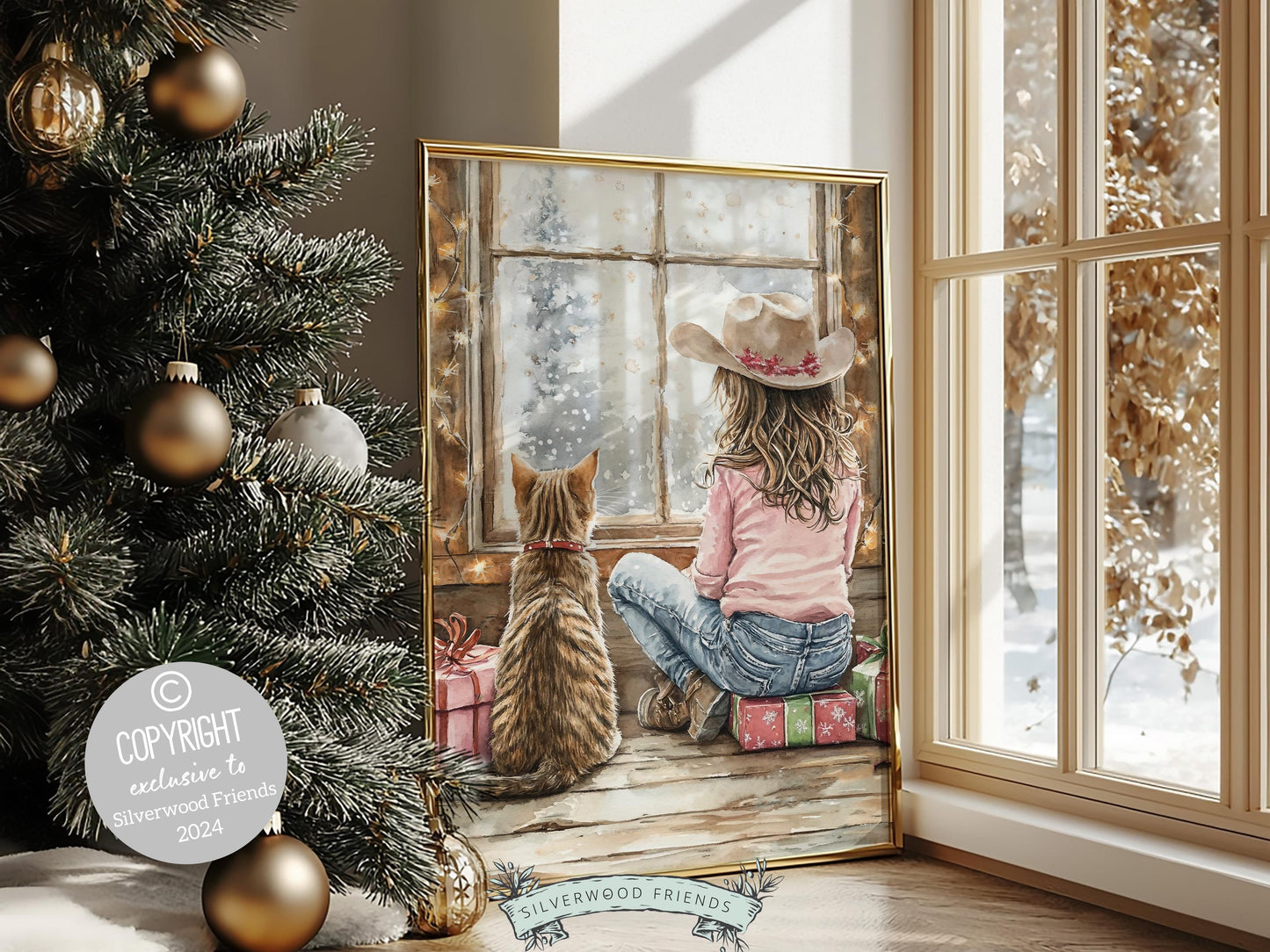 Christmas Wall Art, Cowgirl Cat Print, Baby Girl Western Christmas Nursery Decor, Rustic Seasonal Home Decor, Cat Lovers Gift Digital Print