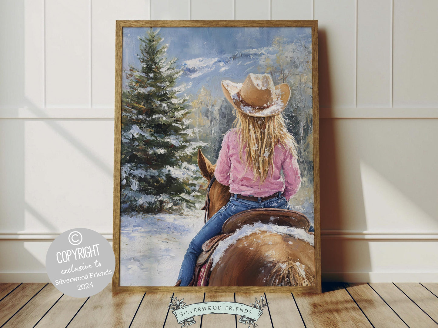 Infuse your home with the cozy charm of the West with this enchanting cowgirl print, featuring a cowgirl riding her horse through the snow—the perfect decor for any room and a heartfelt gift for horse lovers!