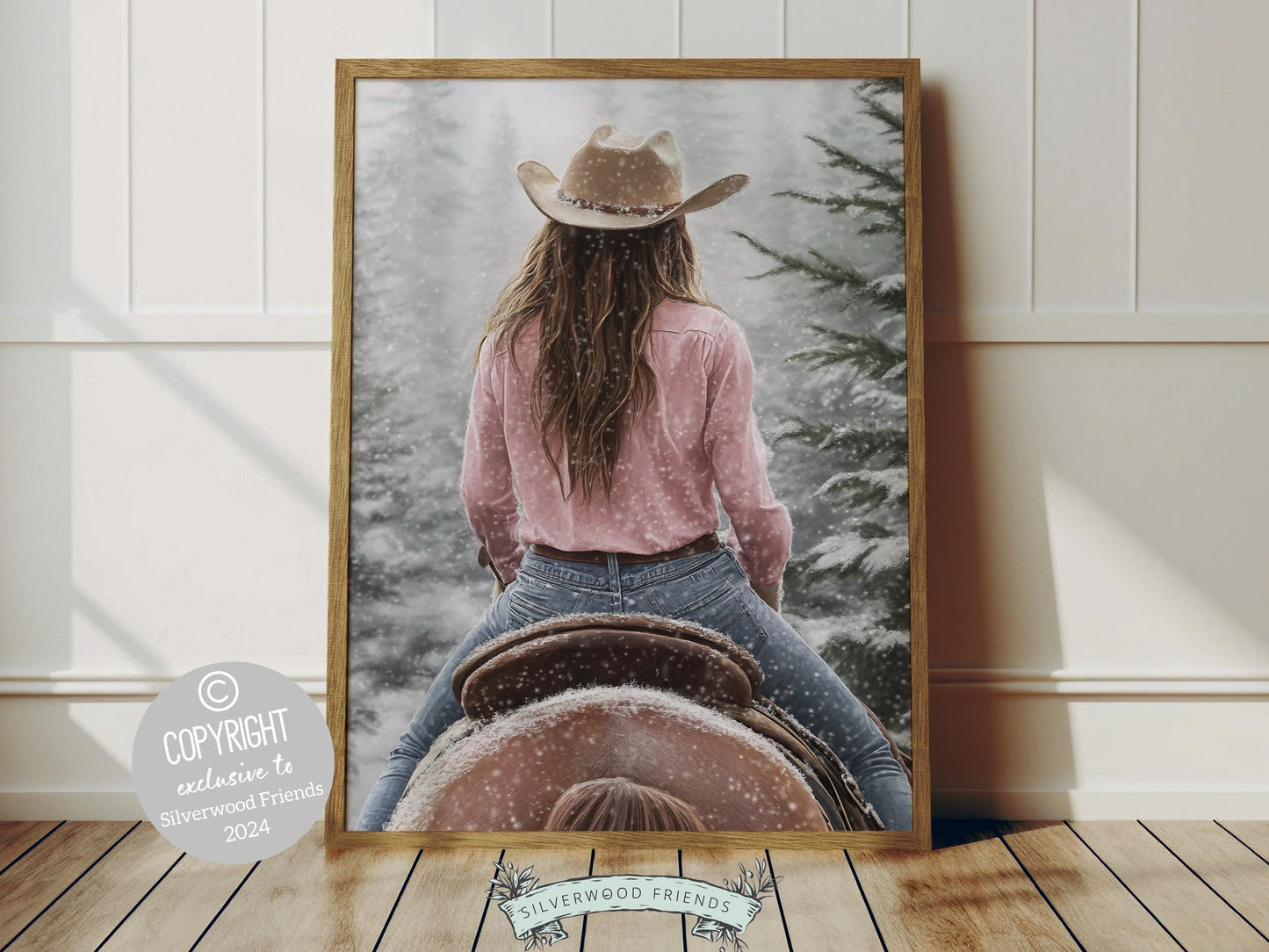 Infuse your home with the cozy charm of the West with this enchanting cowgirl print, featuring a cowgirl riding her horse through the snow—the perfect decor for any room and a heartfelt gift for horse lovers!