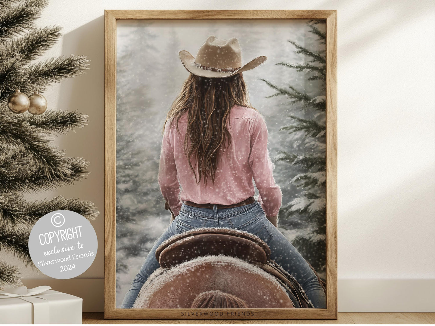 Cowgirl Horse Christmas Wall Art, Western Cowgirl Horse Nursery Decor, Rustic Farmhouse Holiday Decor, Winter Mountain Forest Digital Print