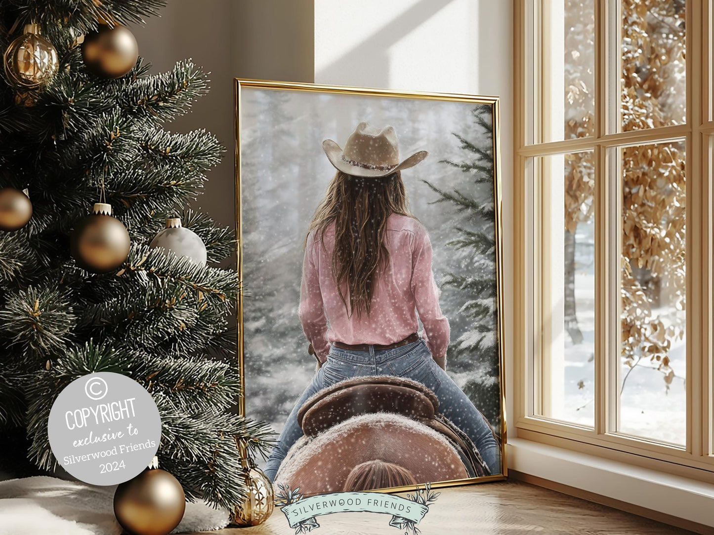 Cowgirl Horse Christmas Wall Art, Western Cowgirl Horse Nursery Decor, Rustic Farmhouse Holiday Decor, Winter Mountain Forest Digital Print