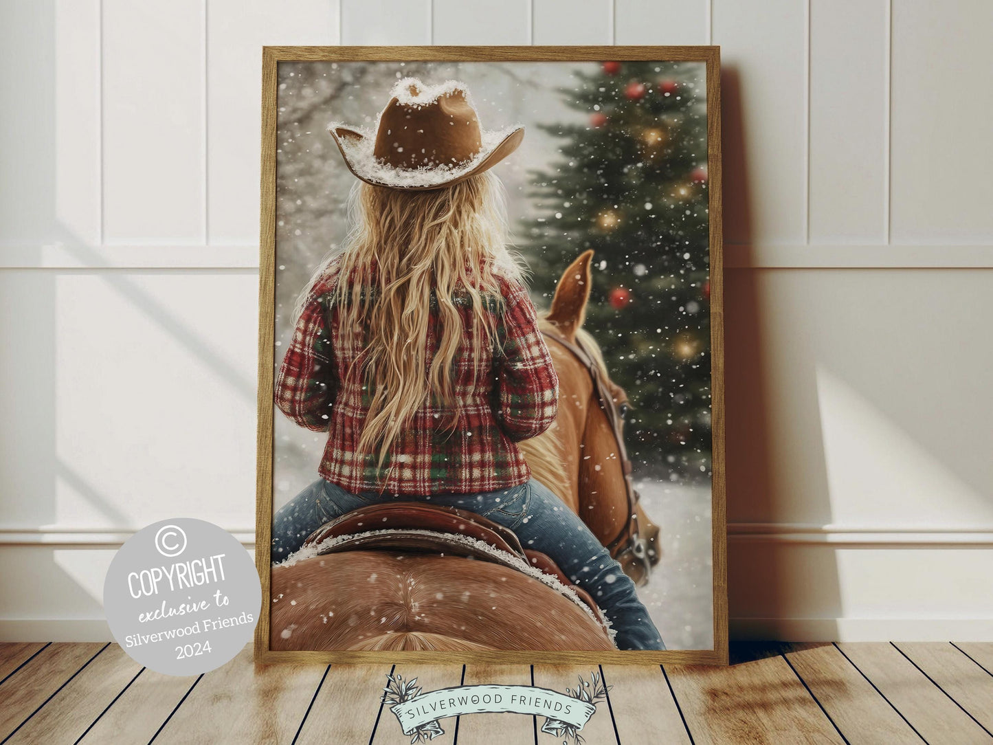 Infuse your home with the cozy charm of the West with this enchanting cowgirl print, featuring a cowgirl riding her horse through the snow—the perfect decor for any room and a heartfelt gift for horse lovers!