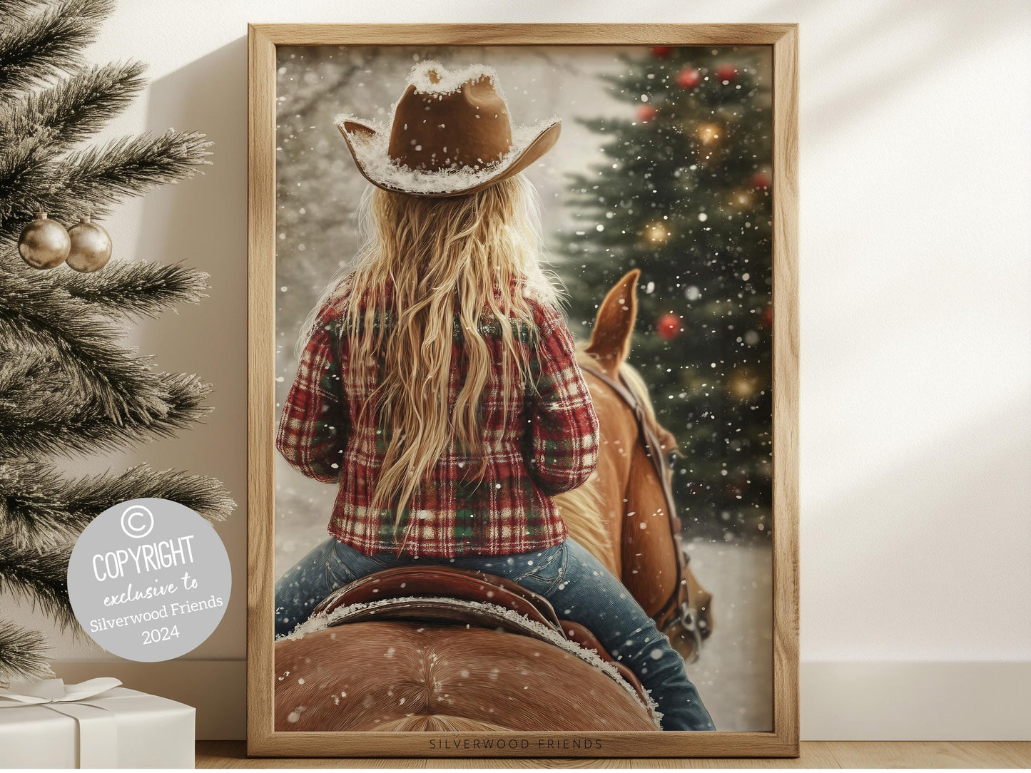 Cowgirl Horse Christmas Wall Art, Western Cowgirl Horse Nursery Wall Decor, Winter Forest Wall Decor, Christmas Cowgirl Horse Digital Print