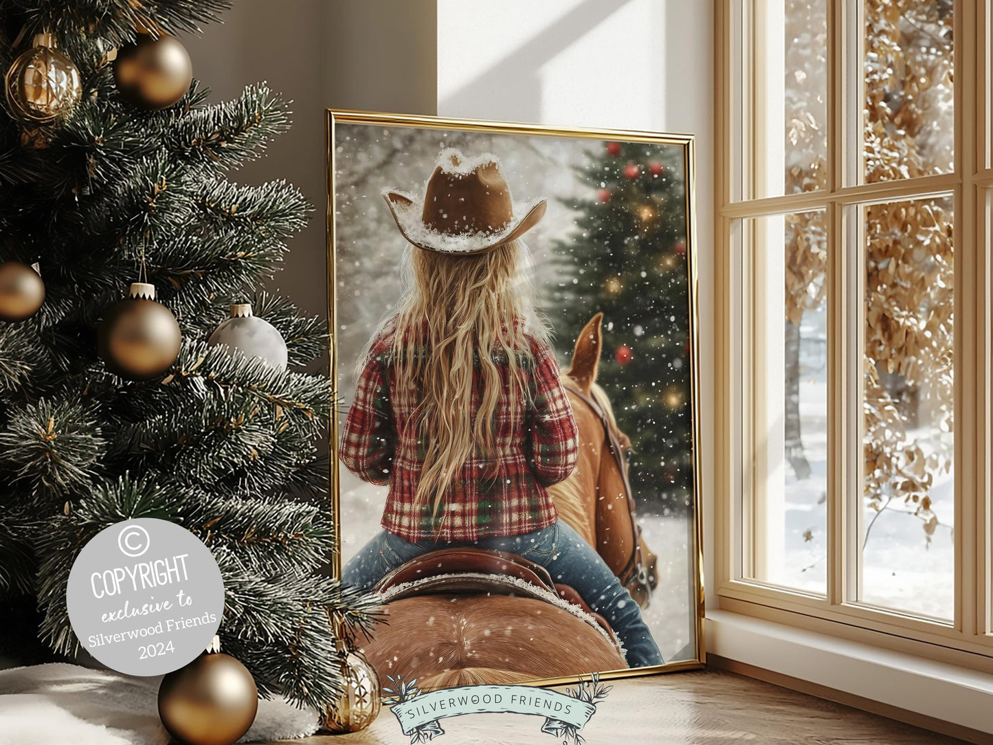 Cowgirl Horse Christmas Wall Art, Western Cowgirl Horse Nursery Wall Decor, Winter Forest Wall Decor, Christmas Cowgirl Horse Digital Print