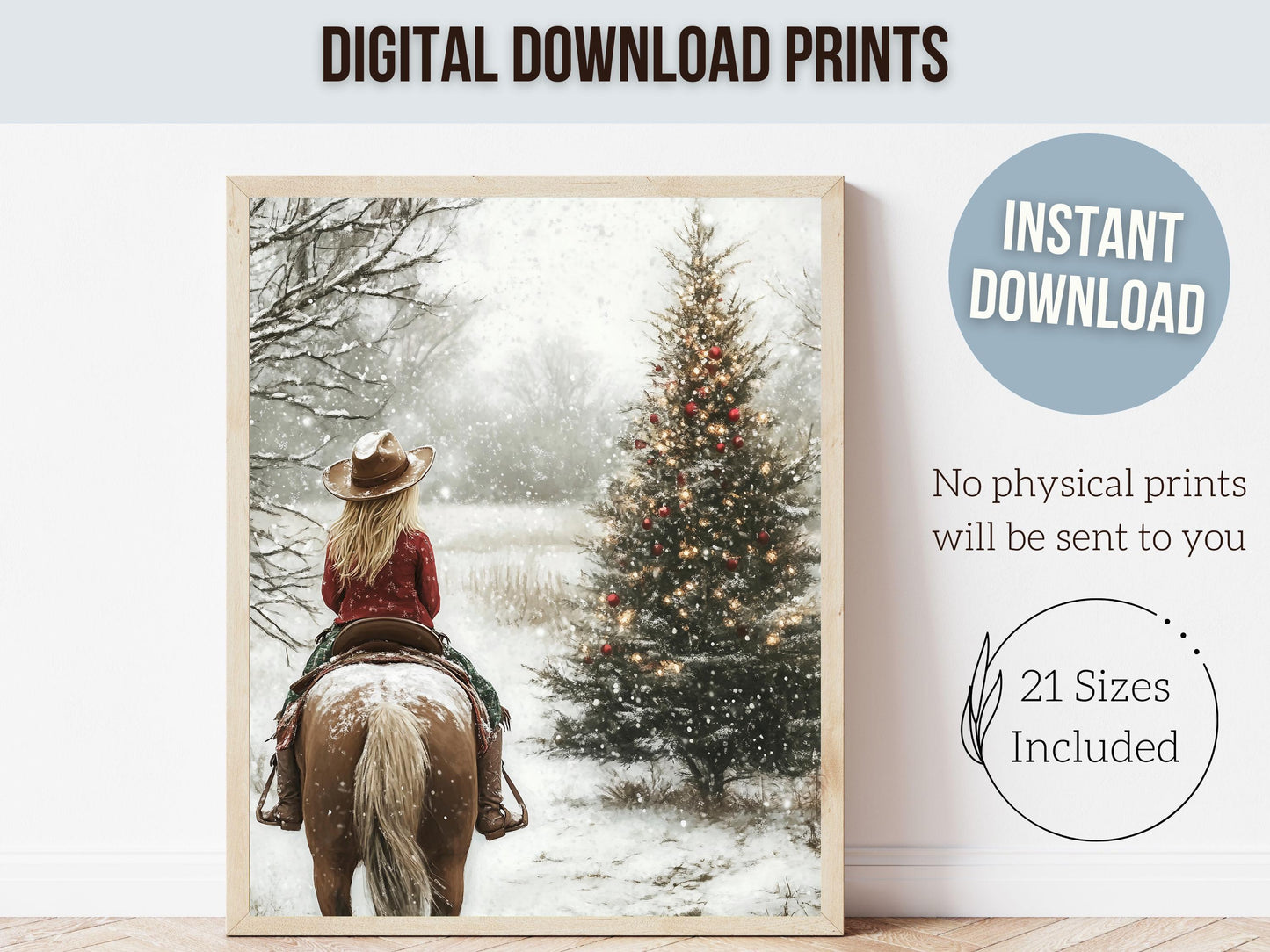 Cowgirl Horse Christmas Wall Art, Western Cowgirl Horse Nursery Wall Decor, Rustic Farmhouse Wall Decor, Winter Horse Riding Digital Print