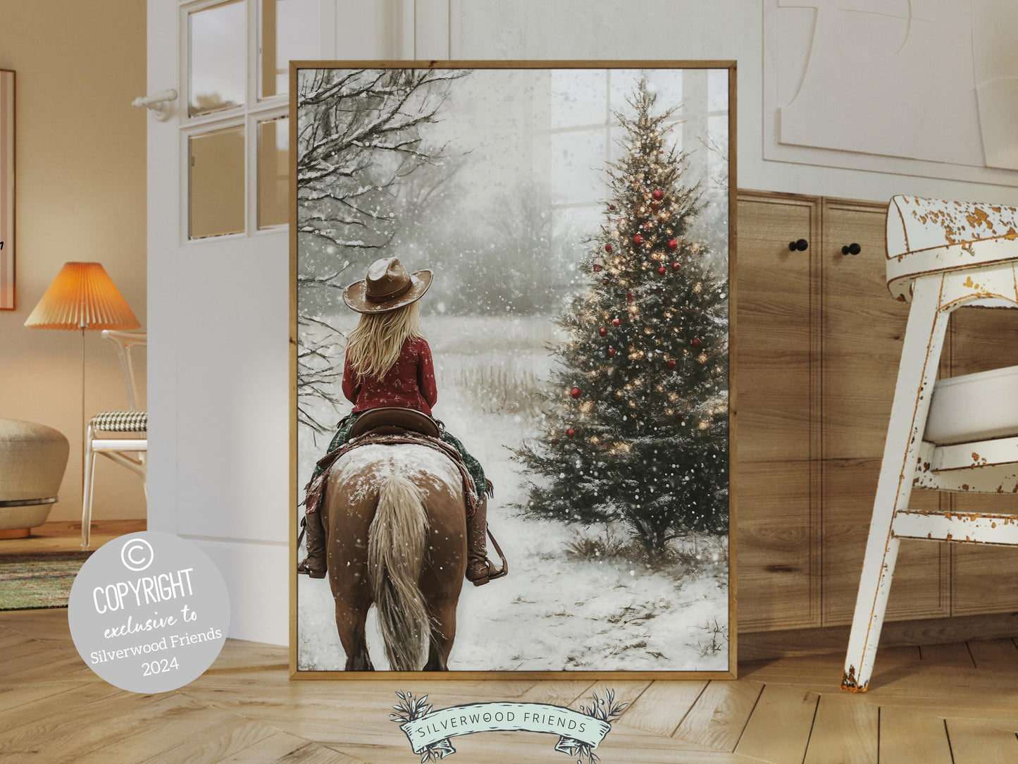 Cowgirl Horse Christmas Wall Art, Western Cowgirl Horse Nursery Wall Decor, Rustic Farmhouse Wall Decor, Winter Horse Riding Digital Print