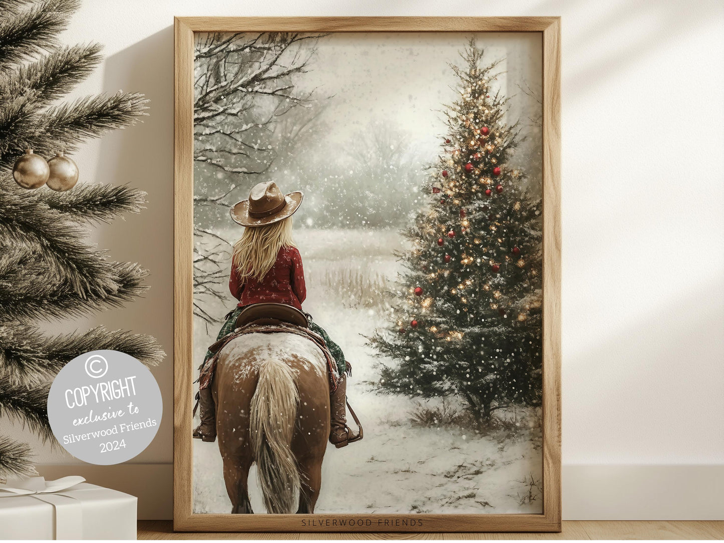 Cowgirl Horse Christmas Wall Art, Western Cowgirl Horse Nursery Wall Decor, Rustic Farmhouse Wall Decor, Winter Horse Riding Digital Print