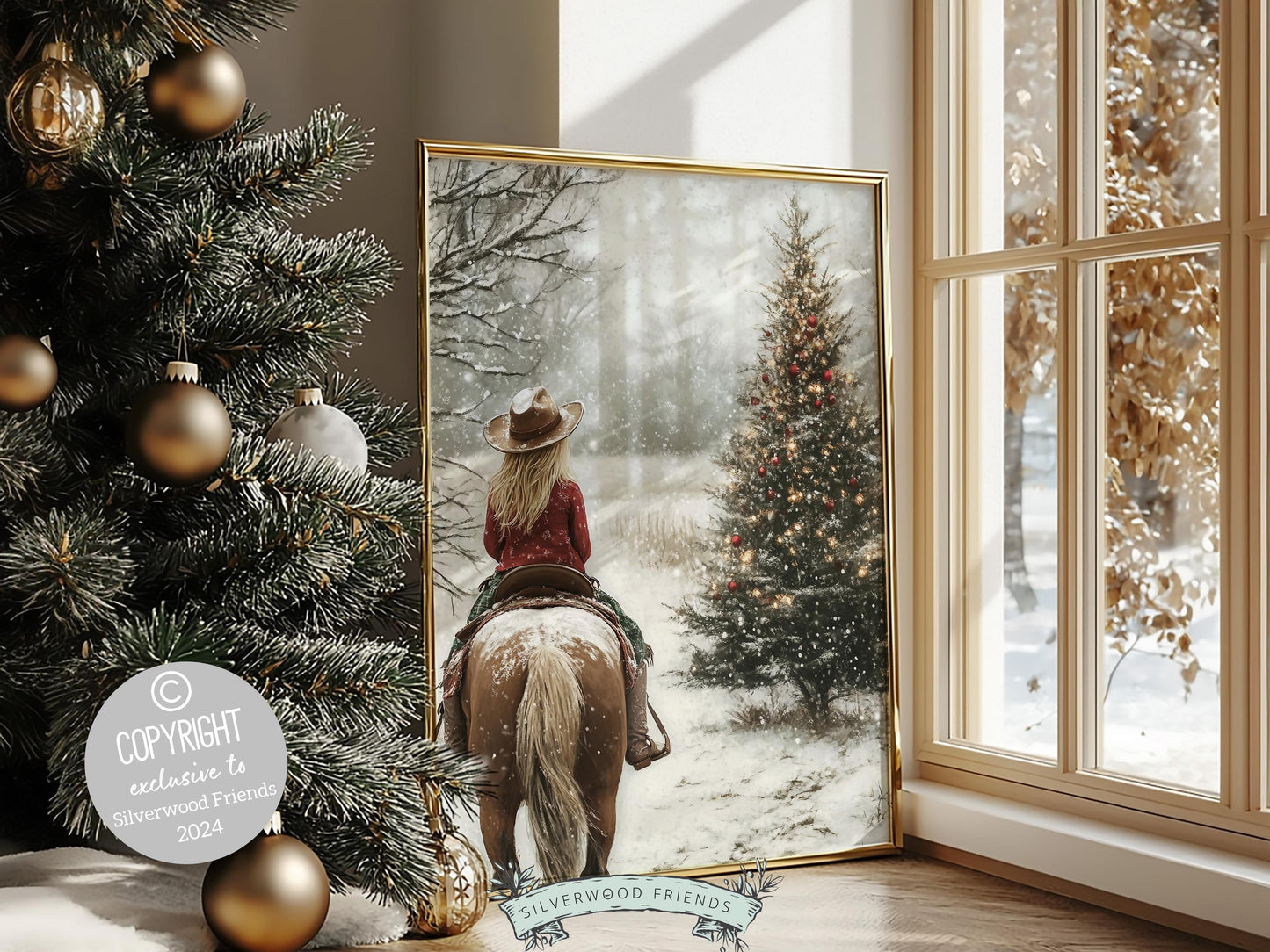 Cowgirl Horse Christmas Wall Art, Western Cowgirl Horse Nursery Wall Decor, Rustic Farmhouse Wall Decor, Winter Horse Riding Digital Print