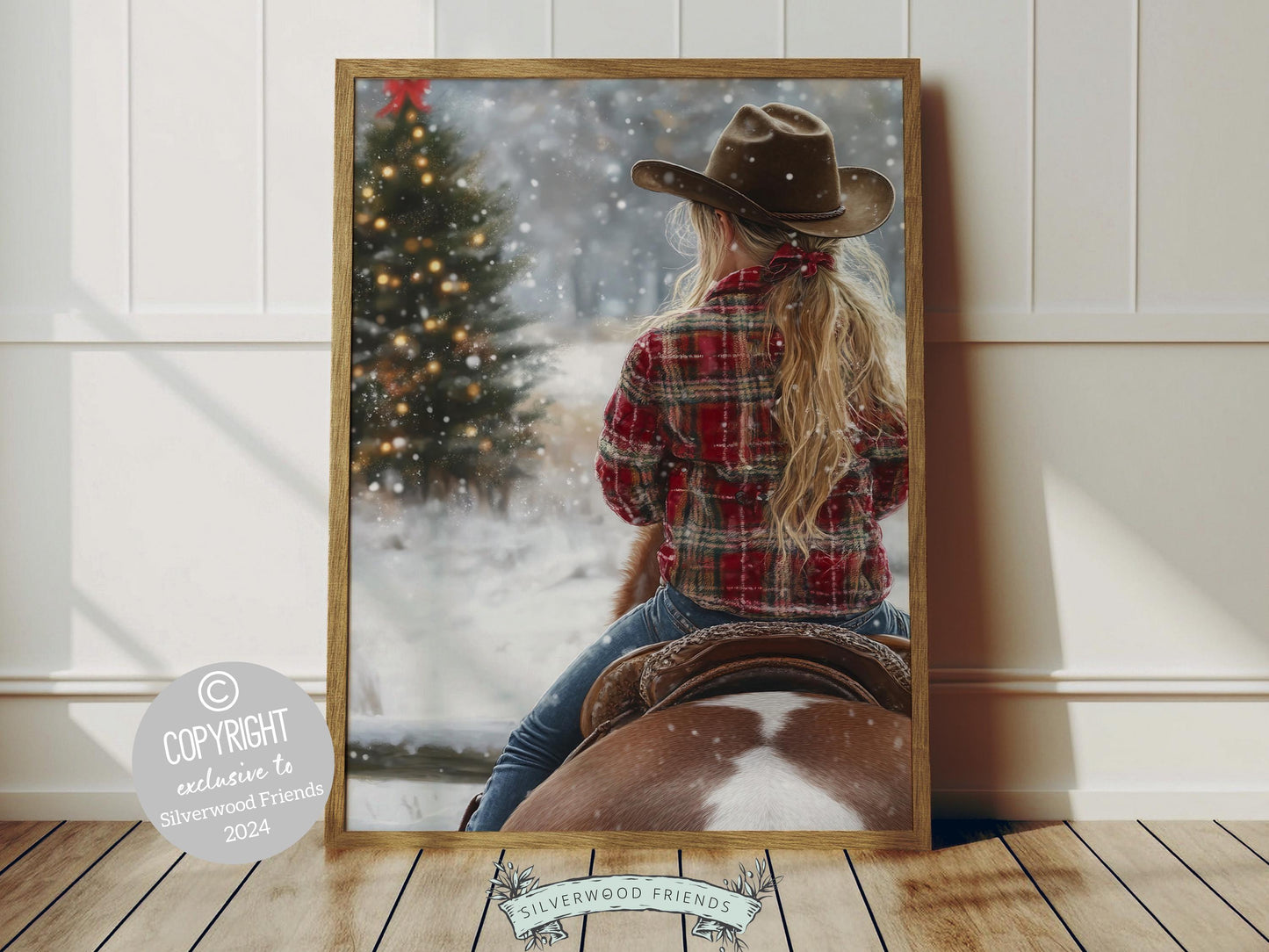 Infuse your home with the cozy charm of the West with this enchanting cowgirl print, featuring a cowgirl riding her horse through the snow—the perfect decor for any room and a heartfelt gift for horse lovers!