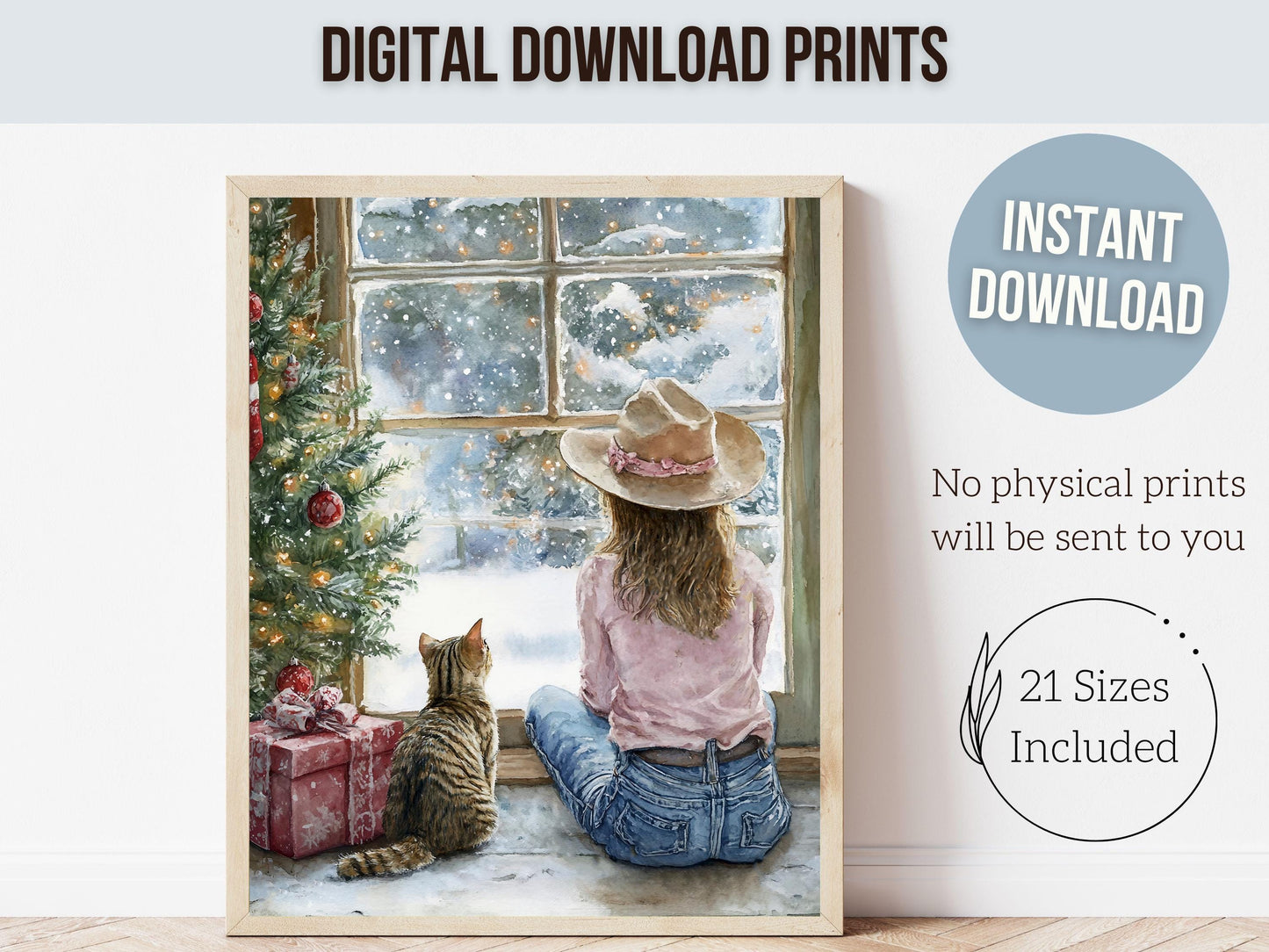 Christmas Cat Wall Art, Cowgirl Cat Print, Girl's Western Christmas Nursery Decor, Rustic Seasonal Home Decor Cat Lovers Gift Digital Print