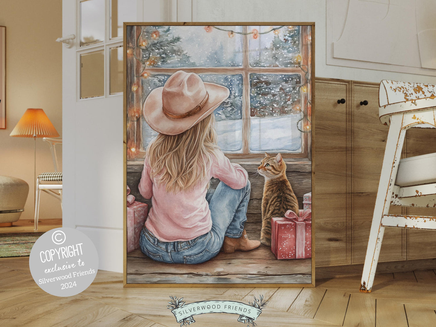 Cowgirl Country Christmas Cat Print, Cowgirl Nursery Decor, Baby Girl Western Christmas Nursery Decor,Christmas Cat Lover Gift Digital Print