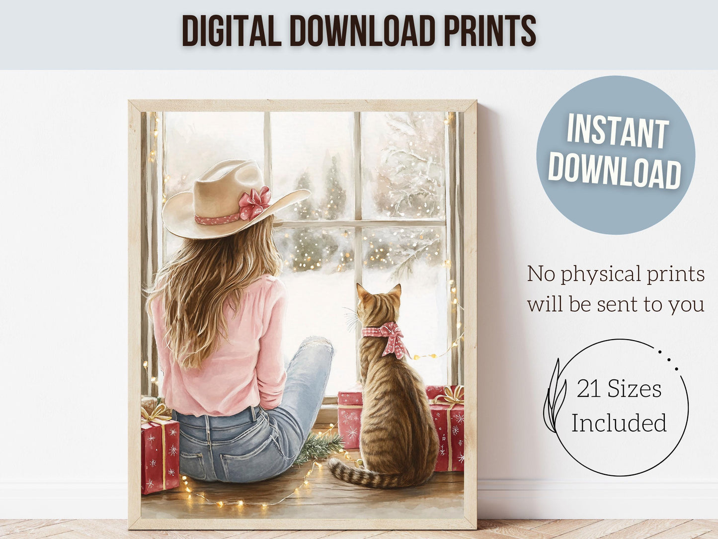 Cowgirl Country Christmas Cat Print, Cowgirl Nursery Decor, Baby Girl Western Christmas Nursery Decor, Christmas Printable Art Digital Print