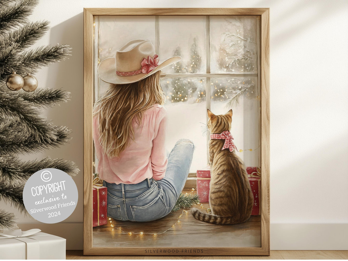 Cowgirl Country Christmas Cat Print, Cowgirl Nursery Decor, Baby Girl Western Christmas Nursery Decor, Christmas Printable Art Digital Print