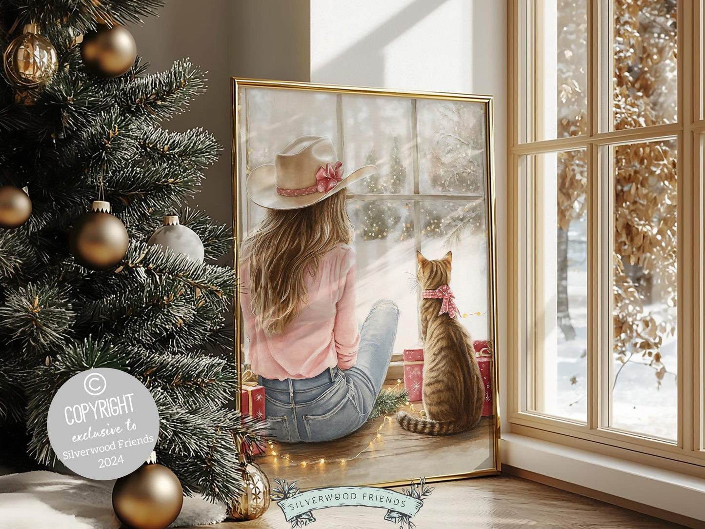 Cowgirl Country Christmas Cat Print, Cowgirl Nursery Decor, Baby Girl Western Christmas Nursery Decor, Christmas Printable Art Digital Print