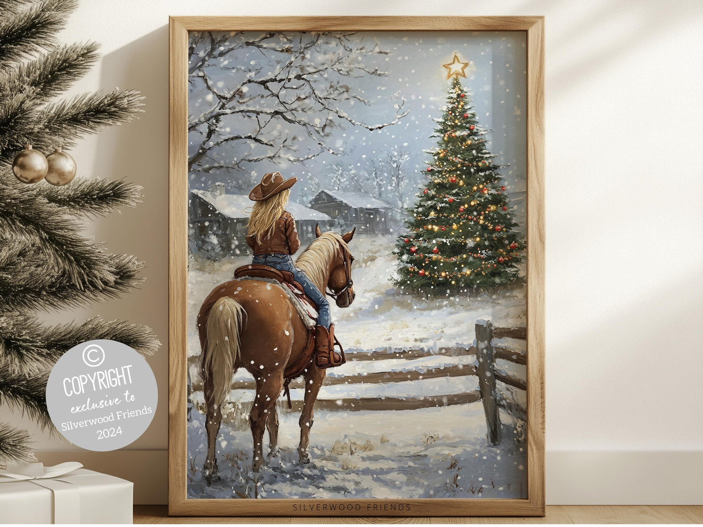 Infuse your home with the cozy charm of the West with this enchanting cowgirl print, featuring a cowgirl riding her horse through the snow—the perfect decor for any room and a heartfelt gift for horse lovers!