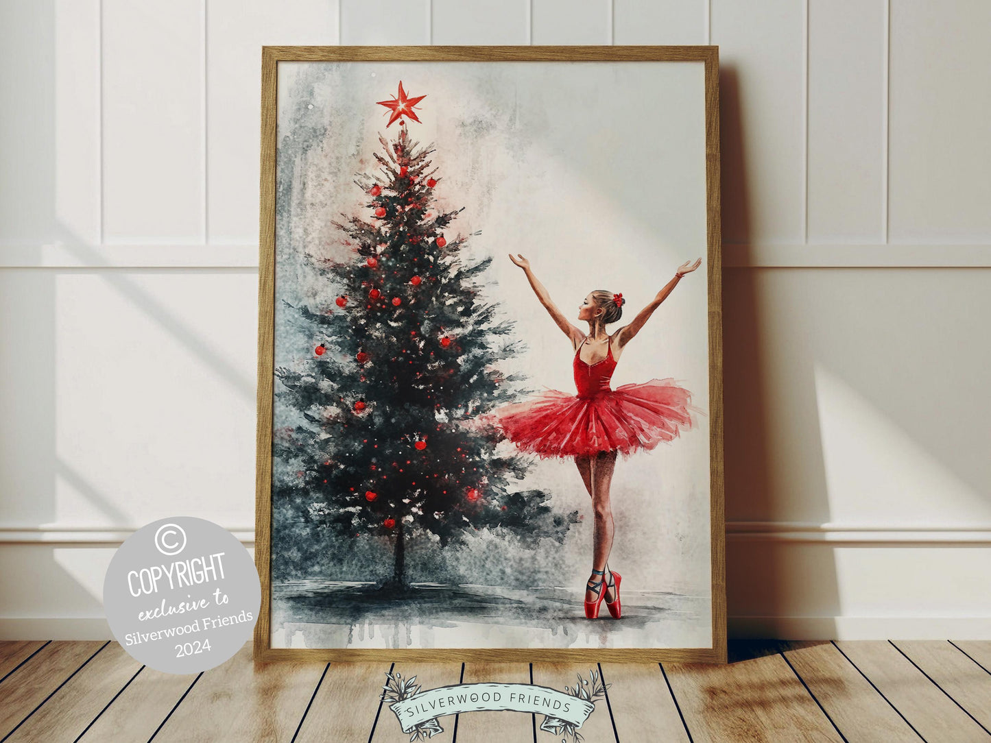 Our enchanting Christmas ballet print captures a magical moment as a graceful ballerina dances with a in front of a beautiful Christmas tree. The perfect gift for ballet lovers this print brings whimsical romance and festive charm to any space.