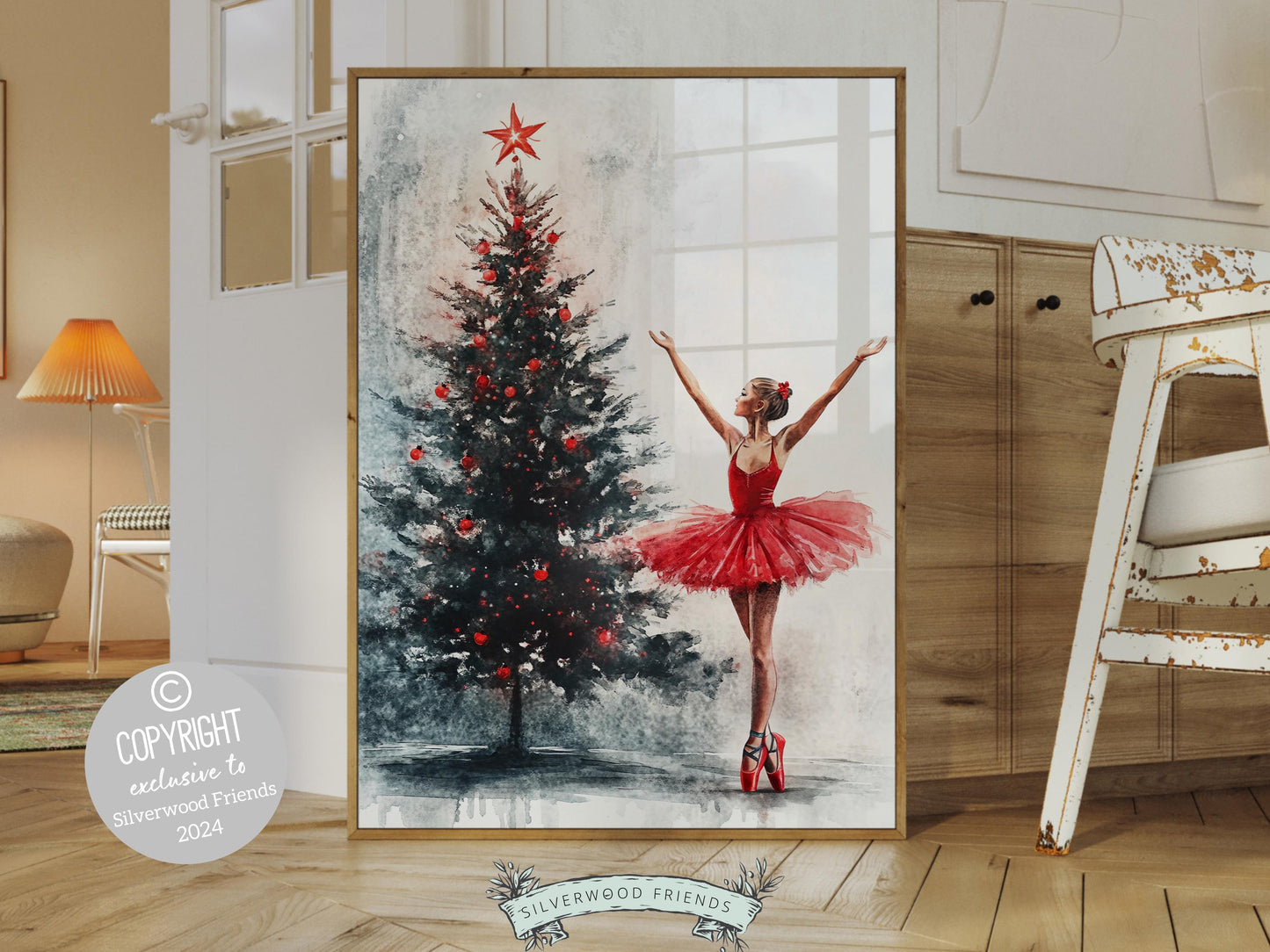 Christmas Tree Ballerina Print, Red Ballerina Christmas Printable Wall Art, Festive Christmas Decor, Girls Ballet Dancing Gift Digital Print