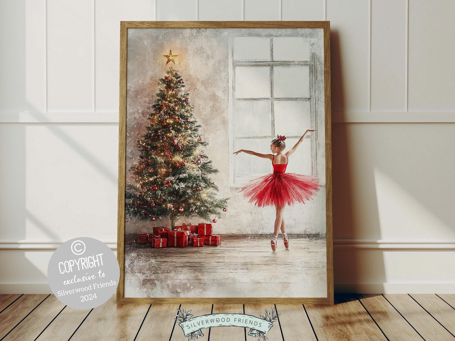 Christmas Tree Ballerina Print, Red Ballerina Christmas Printable Wall Art, Festive Christmas Decor, Girls Ballet Dancing Gift Digital Print