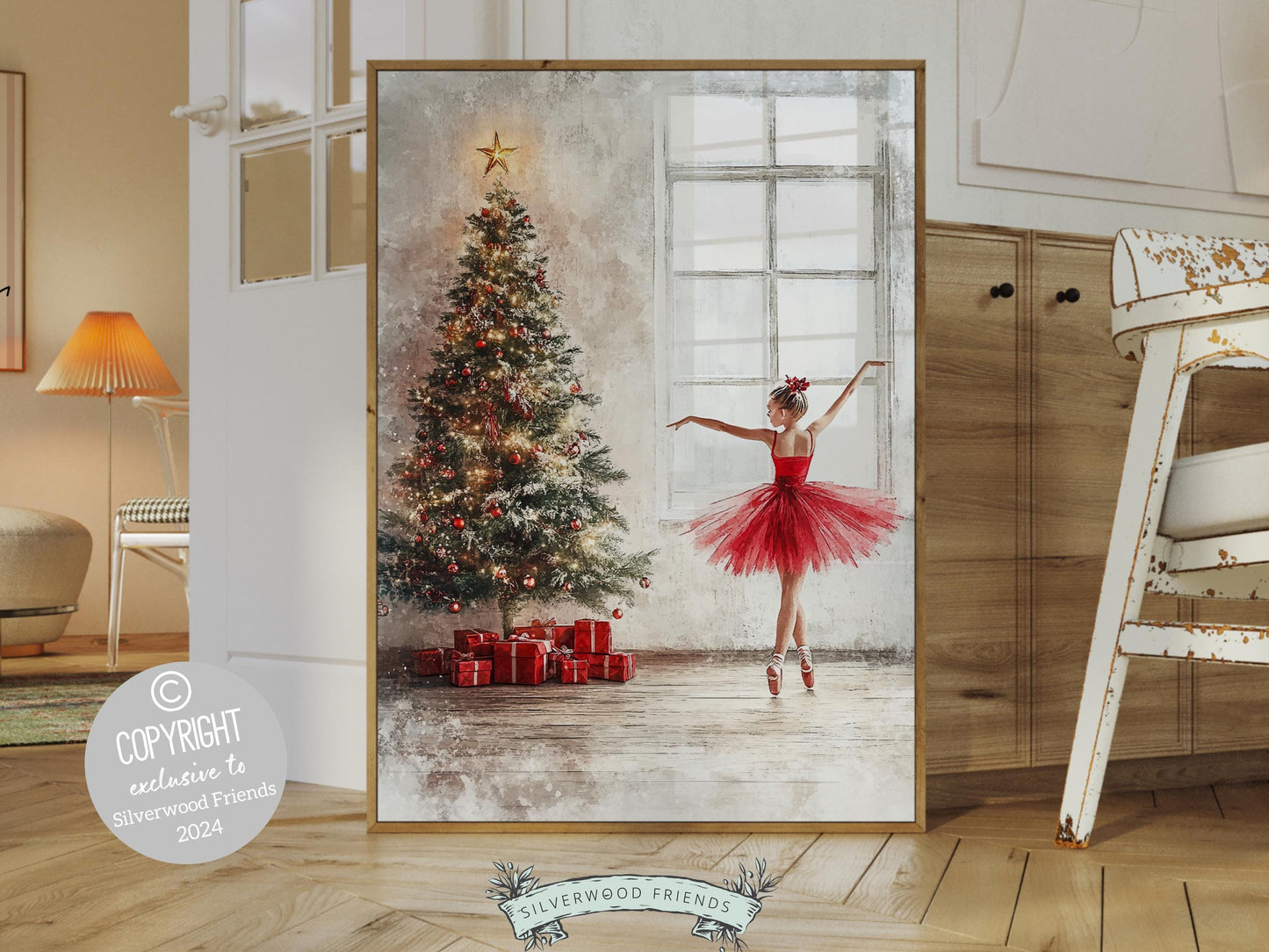 Our enchanting Christmas ballet print captures a magical moment as a graceful ballerina dances in front of a beautiful Christmas tree. The perfect gift for ballet lovers this print brings whimsical romance and festive charm to any space.