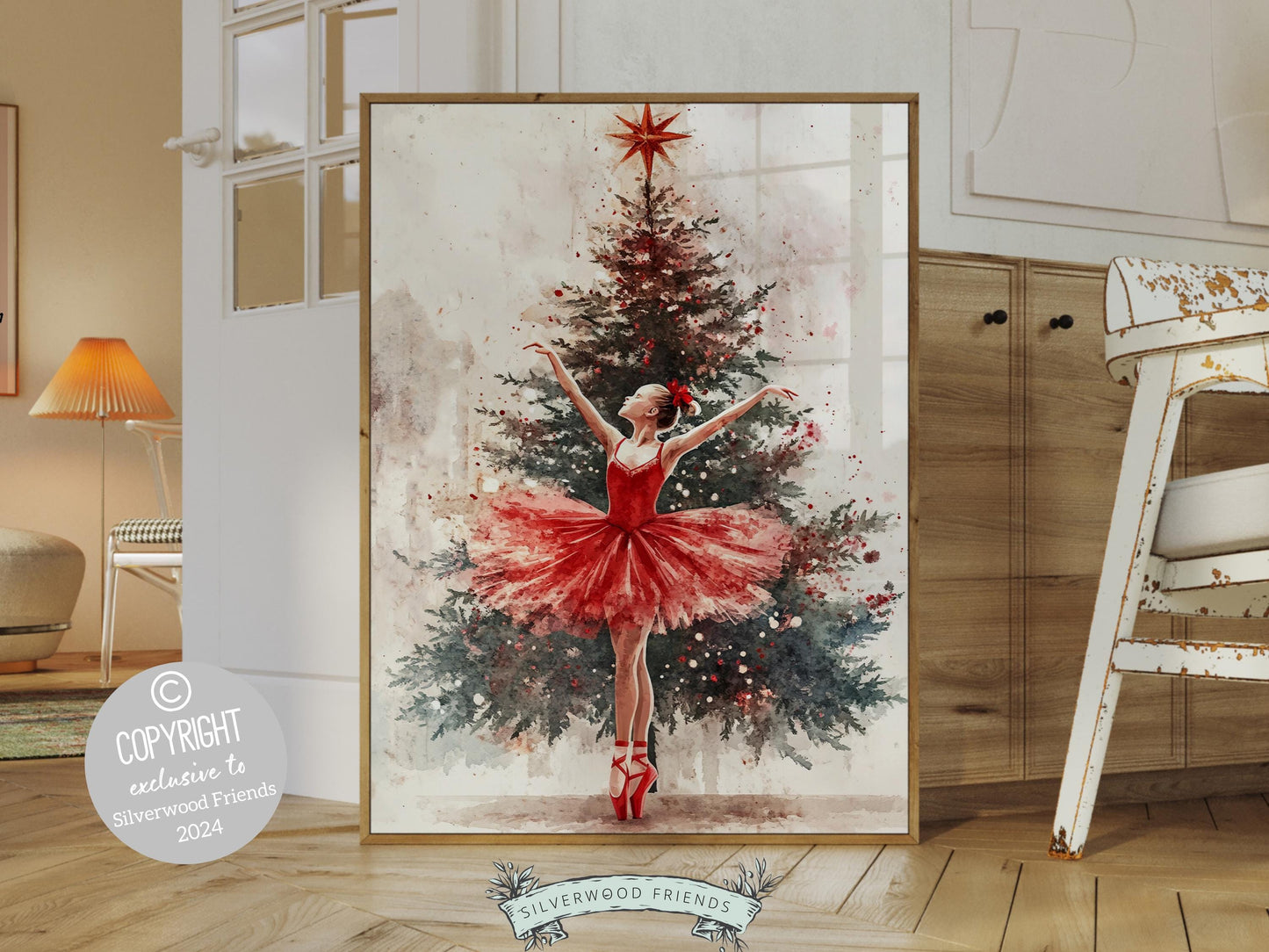 Our enchanting Christmas ballet print captures a magical moment as a graceful ballerina dances in front of a beautiful Christmas tree. The perfect gift for ballet lovers this print brings whimsical romance and festive charm to any space.