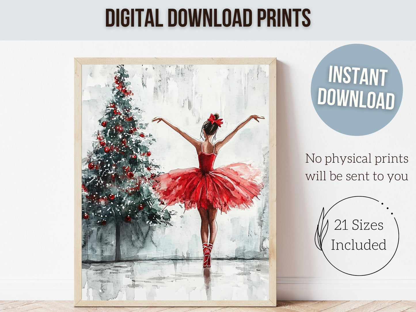 Ballerina Christmas Tree Print, Red Ballerina Christmas Printable Wall Art, Girls Ballet Dancing Gift, Festive Christmas Decor Digital Print