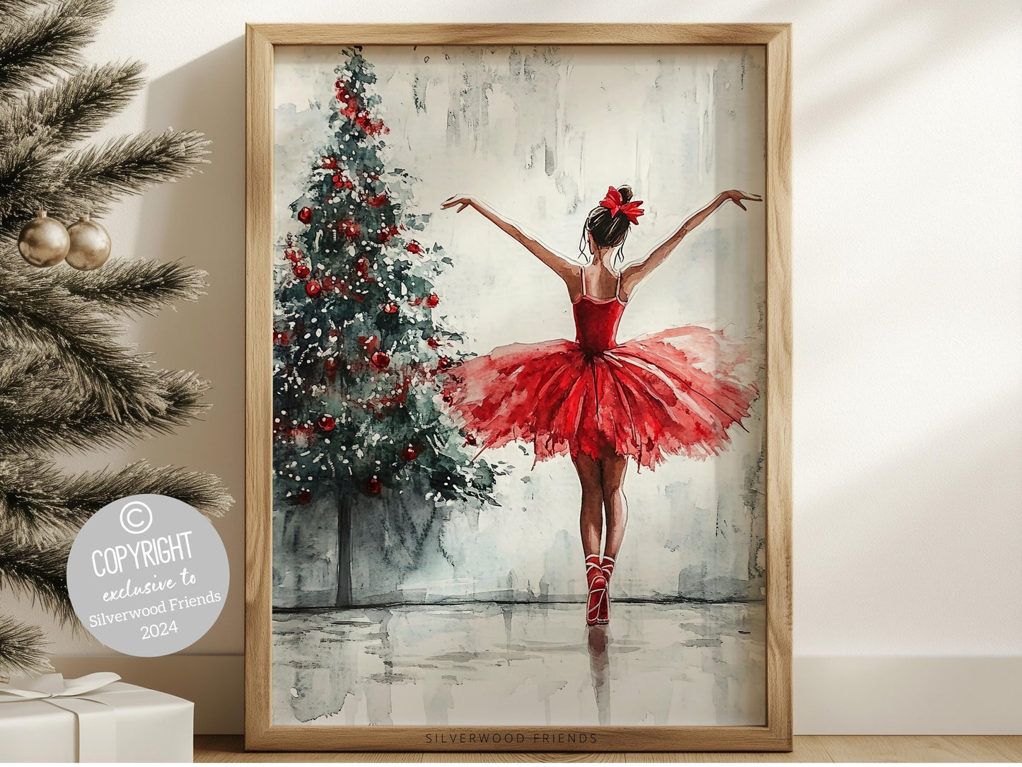 Ballerina Christmas Tree Print, Red Ballerina Christmas Printable Wall Art, Girls Ballet Dancing Gift, Festive Christmas Decor Digital Print