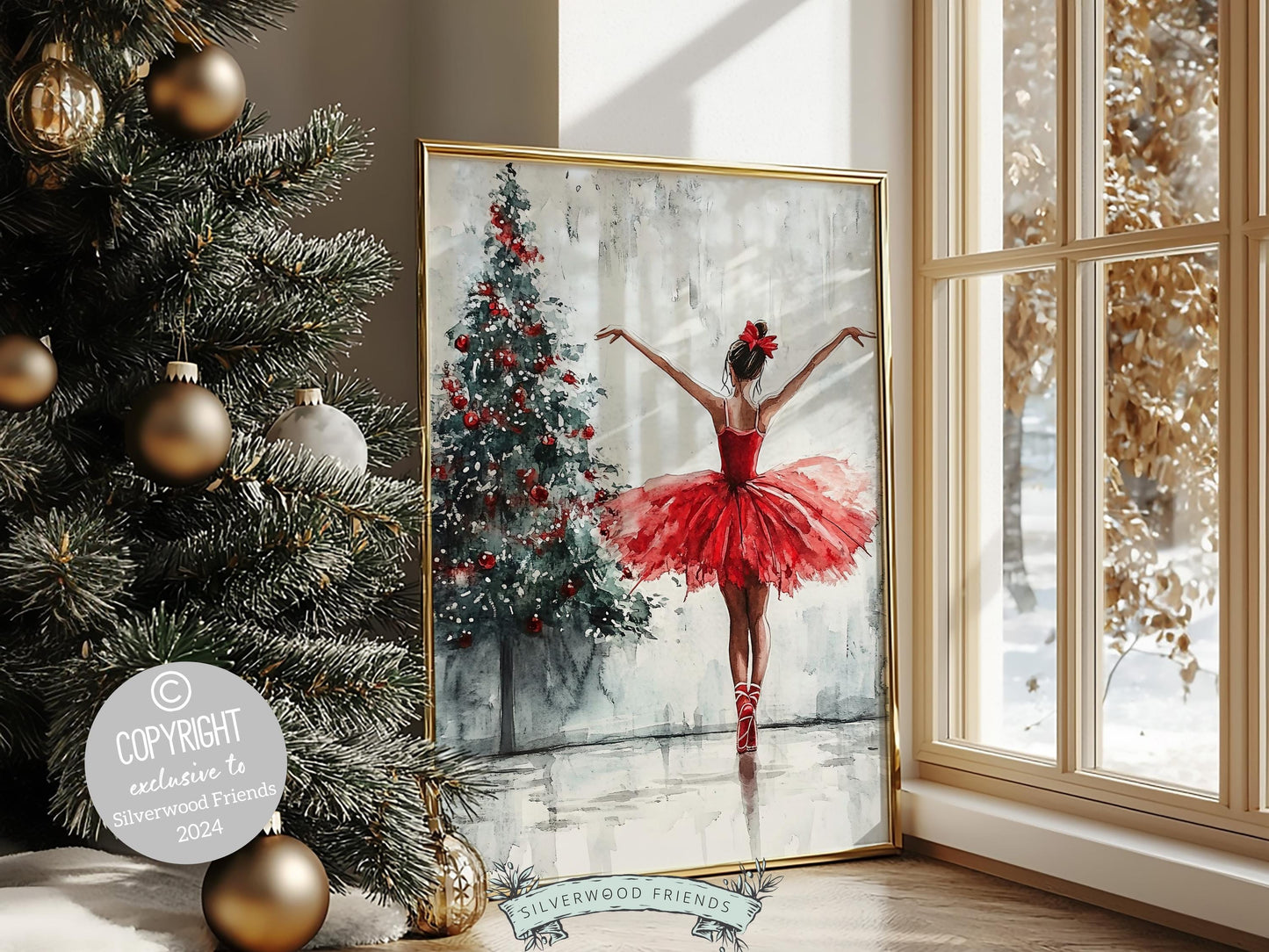Ballerina Christmas Tree Print, Red Ballerina Christmas Printable Wall Art, Girls Ballet Dancing Gift, Festive Christmas Decor Digital Print