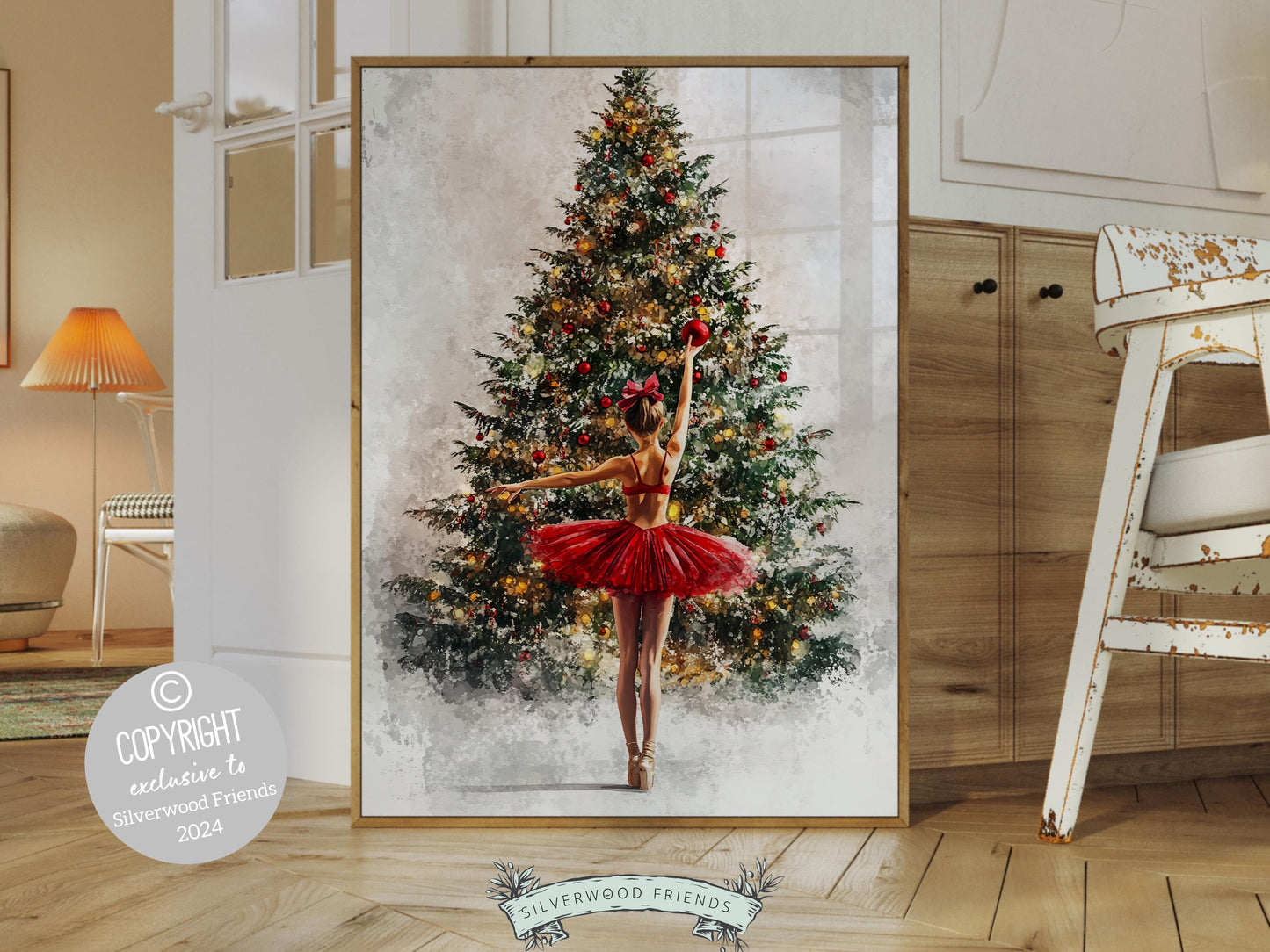 Christmas Tree Ballerina Print, Red Ballerina Christmas Printable Wall Art, Festive Christmas Decor, Girls Ballet Dancing Gift Digital Print