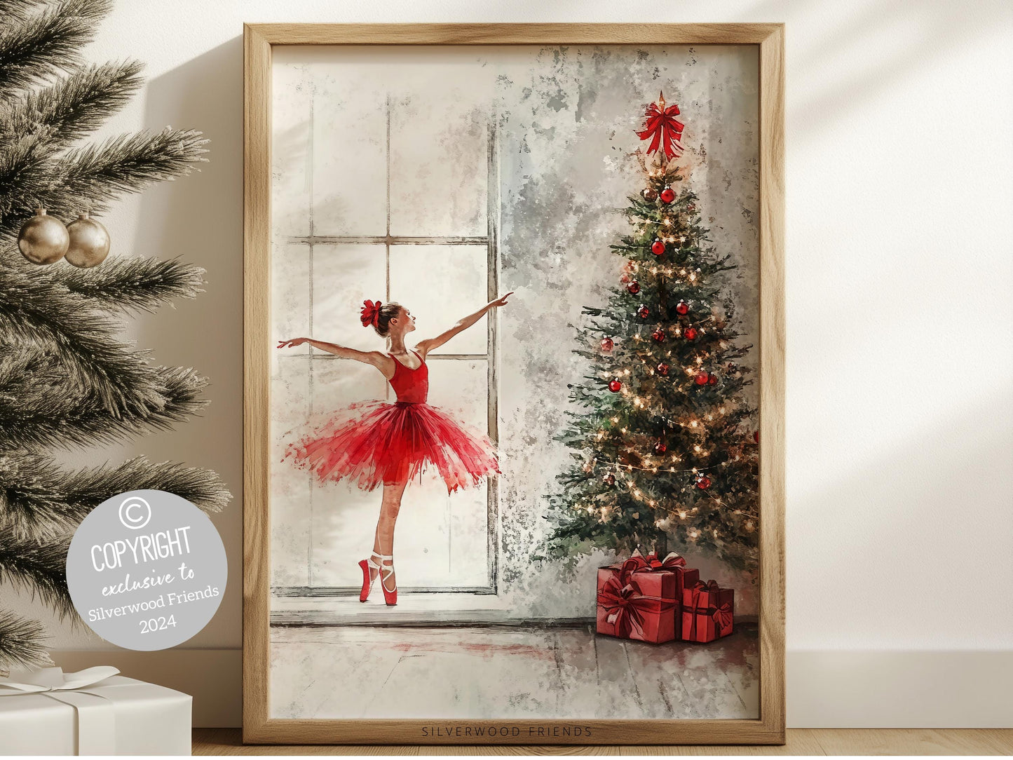 Our enchanting Christmas ballet print captures a magical moment as a graceful ballerina in a red tutu dances joyfully next to a beautiful Christmas tree. The perfect gift for ballet lovers