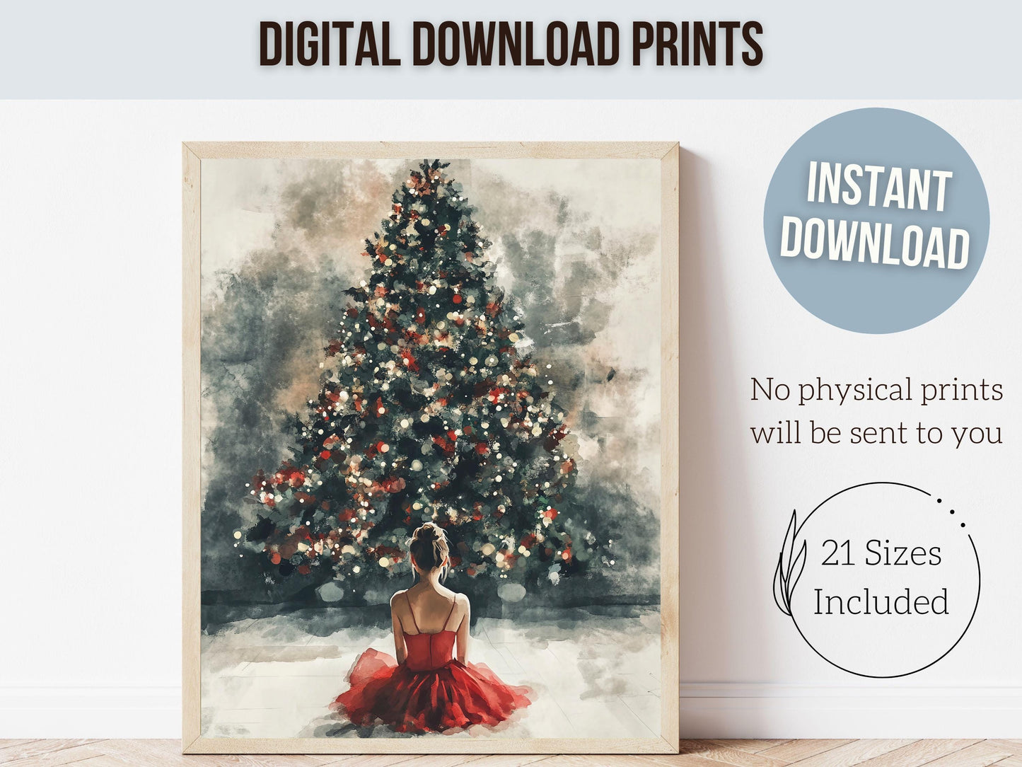 Ballerina Christmas Tree Print, Red Ballerina Christmas Printable Wall Art, Girls Ballet Dancing Gift, Festive Christmas Decor Digital Print