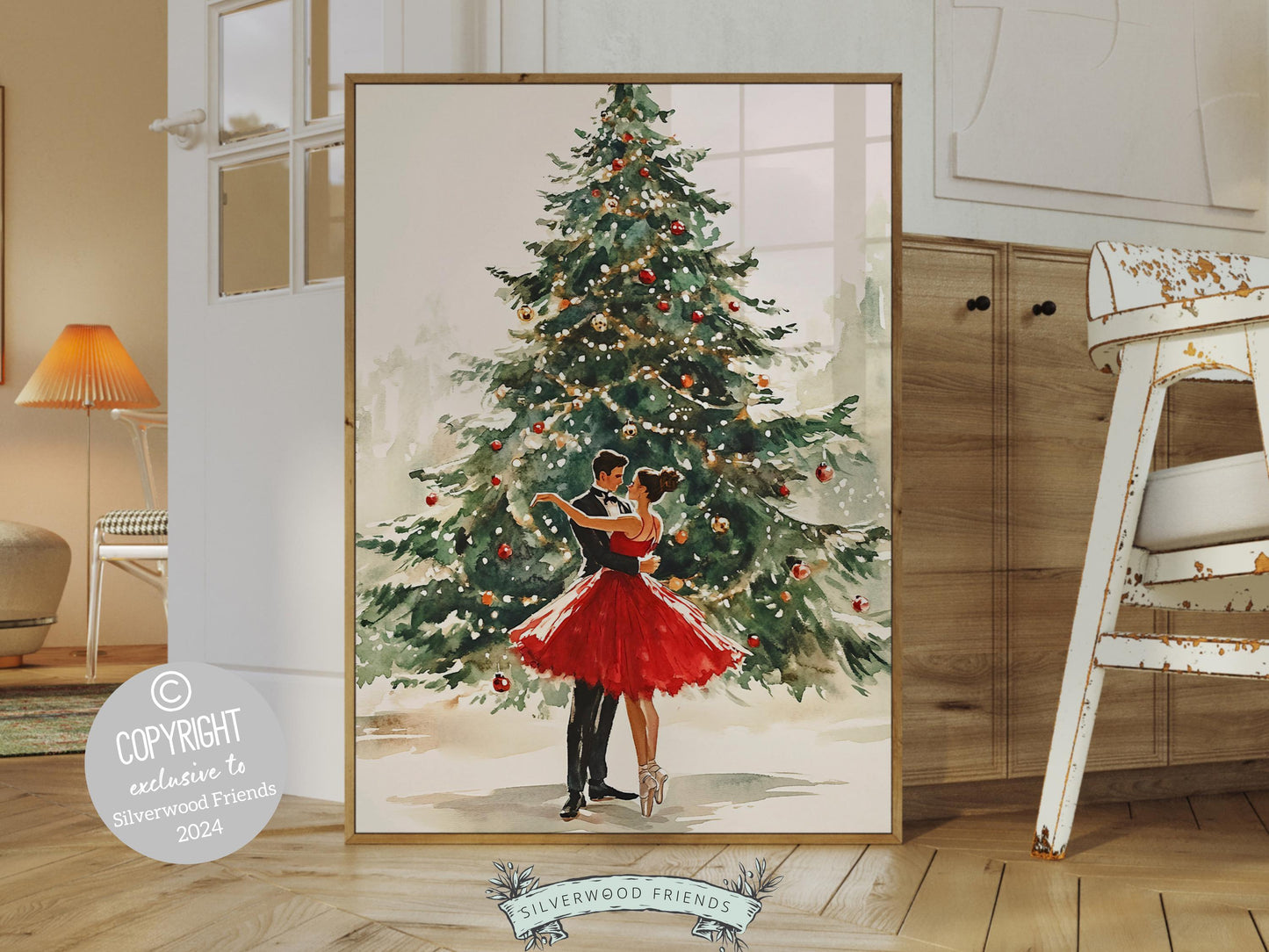 Romantic Ballet Christmas Print, Ballerina Christmas Printable Wall Art, Girlfriend Xmas Gift, Festive Christmas Holiday Decor Digital Print