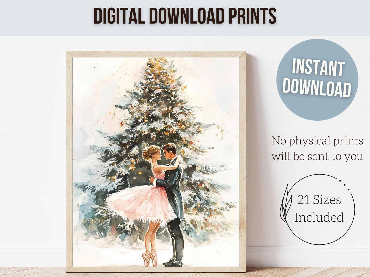 Pink Ballet Christmas Print, Ballerina Christmas Printable Wall Art, Festive Christmas Holiday Decor, Pink Gold Christmas Tree Digital Print