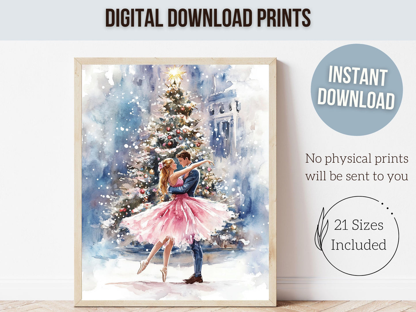 Pink Ballet Christmas Print, Ballerina Christmas Printable Wall Art, Festive Christmas Holiday Decor, Couples Christmas Tree Digital Print