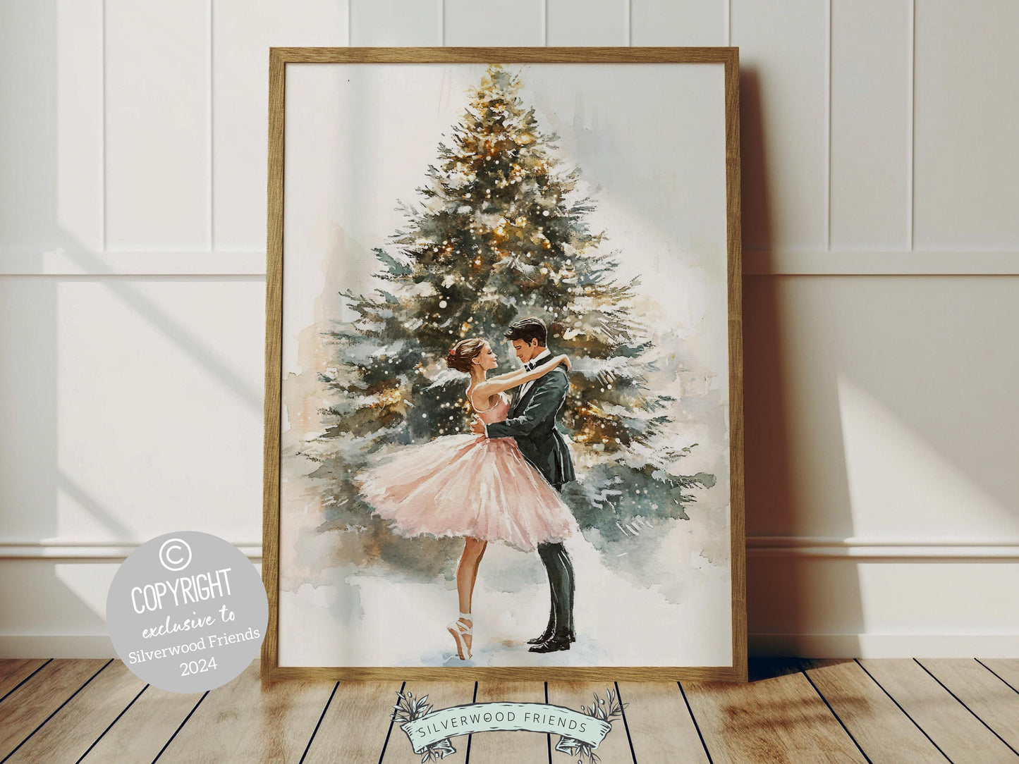This enchanting Christmas ballet print captures a magical moment as a graceful ballerina dances with her love in front of a beautiful Christmas tree. The perfect gift for ballet lovers this print brings whimsical romance and festive charm