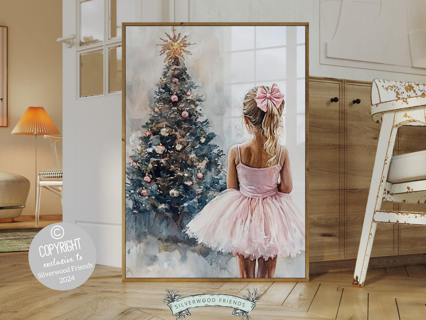 Baby Girls Ballet Nursery Print, Ballerina Nursery Decor, Kids Christmas Printable Wall Art, Festive Holiday Ballet Wall Decor Digital Print