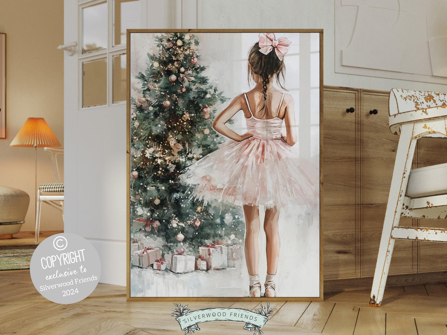 Ballerina Christmas Print, Baby Girl Ballet Nursery Decor Prints, Festive Christmas Printable Wall Art, Seasonal Holiday Decor Digital Print