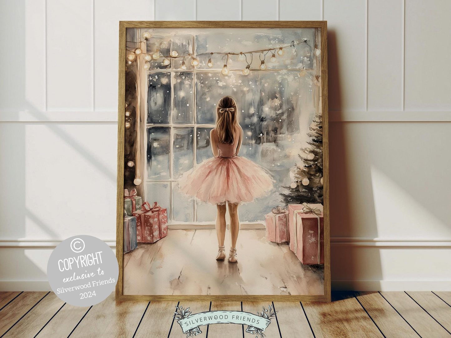 Our whimsical ballerina Christmas print showcases a sweet little ballerina in a pale pink tutu, standing under twinkling fairy lights by a Christmas tree and gazing at the falling snow. The perfect gift for a young ballet lover