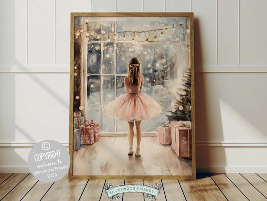 Our whimsical ballerina Christmas print showcases a sweet little ballerina in a pale pink tutu, standing under twinkling fairy lights by a Christmas tree and gazing at the falling snow. The perfect gift for a young ballet lover