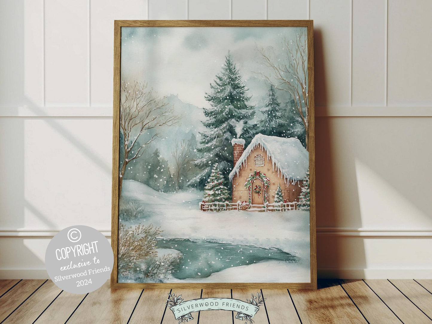 Bring the wonder of the holidays into your home with this charming gingerbread house Christmas print, showcasing a cozy cottage nestled among snowy pine trees and gentle snowfall.