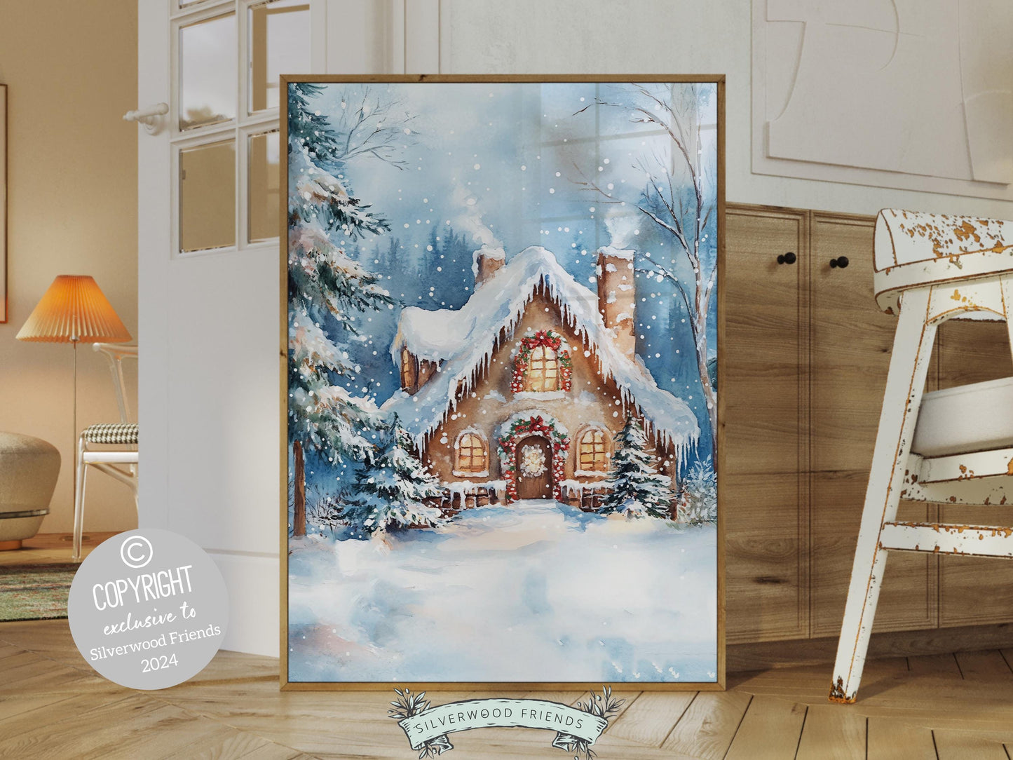 Bring the wonder of the holidays into your home with this charming gingerbread house Christmas print, showcasing a cozy cottage nestled among snowy pine trees and gentle snowfall.