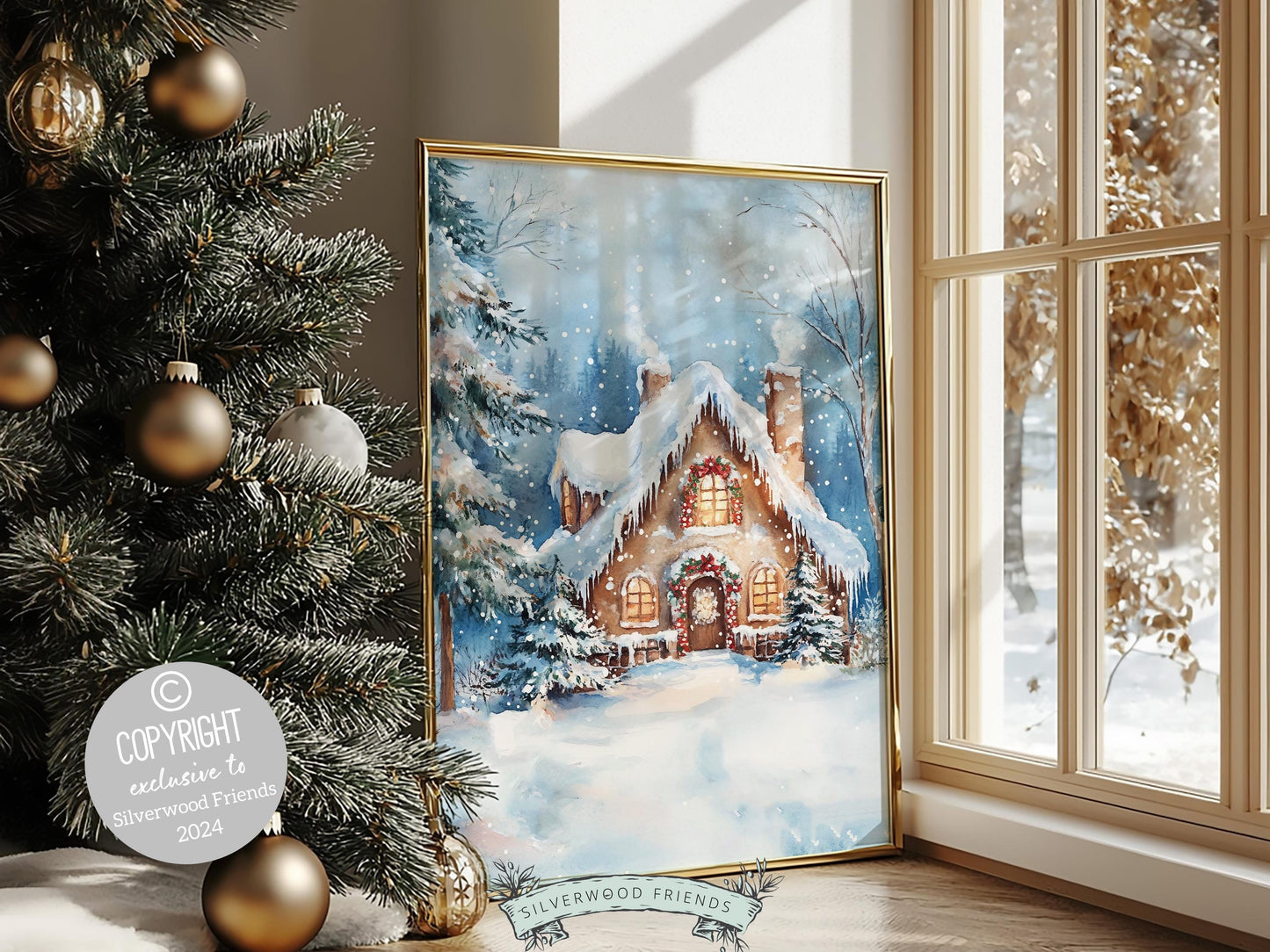 Gingerbread House Christmas Print, Vintage Christmas Wall Art, Festive Christmas Holiday Decor, Rustic Winter Farmhouse Forest Digital Print