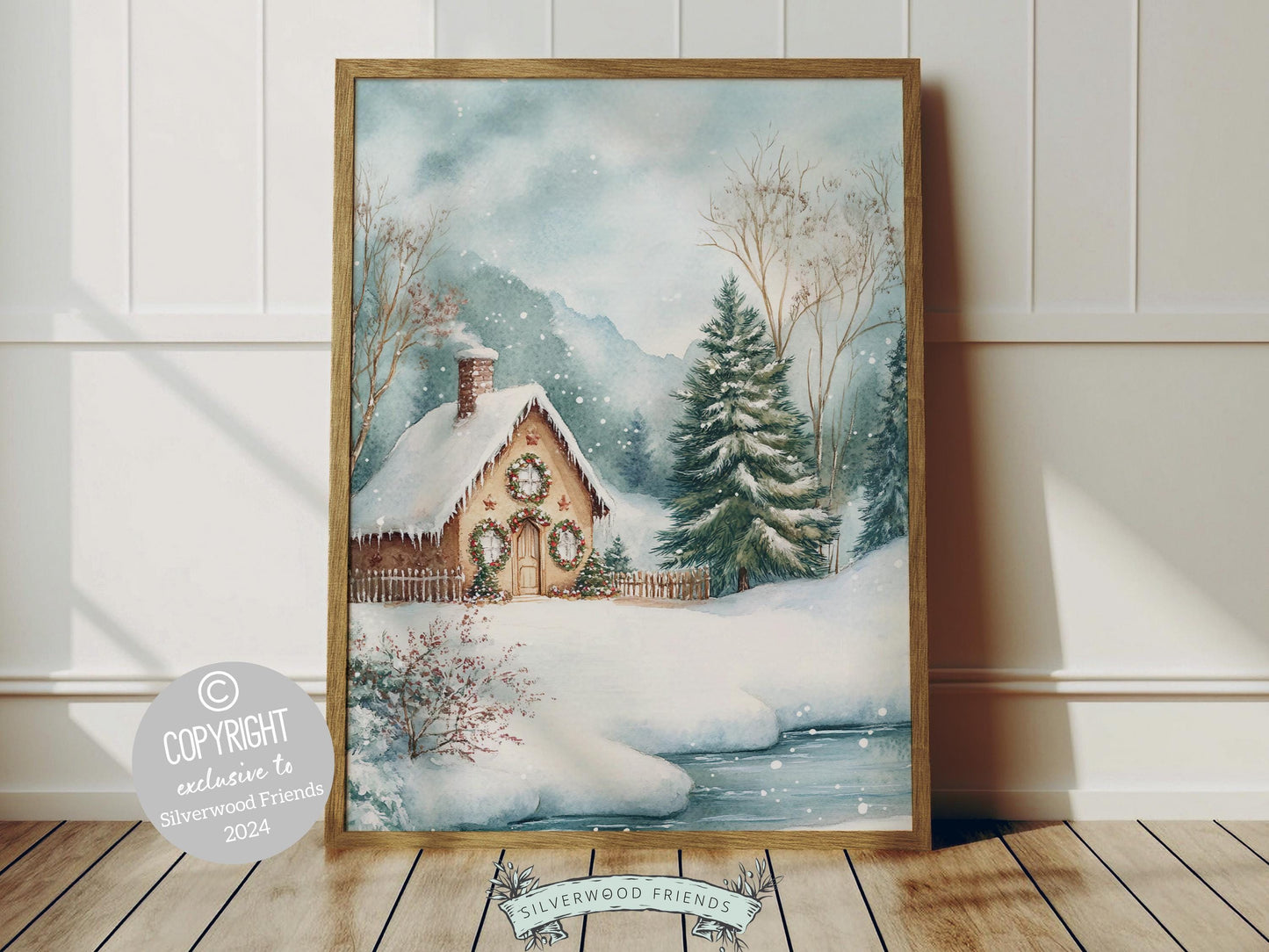 Bring the wonder of the holidays into your home with this charming gingerbread house Christmas print, showcasing a cozy cottage nestled among snowy pine trees and gentle snowfall.