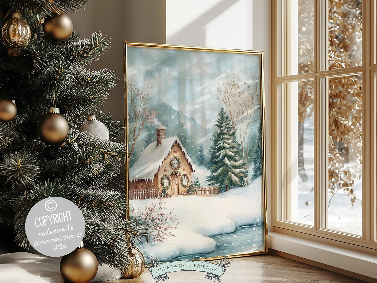 Gingerbread House Christmas Print, Vintage Christmas Wall Art, Festive Christmas Holiday Decor, Rustic Winter Farmhouse Forest Digital Print