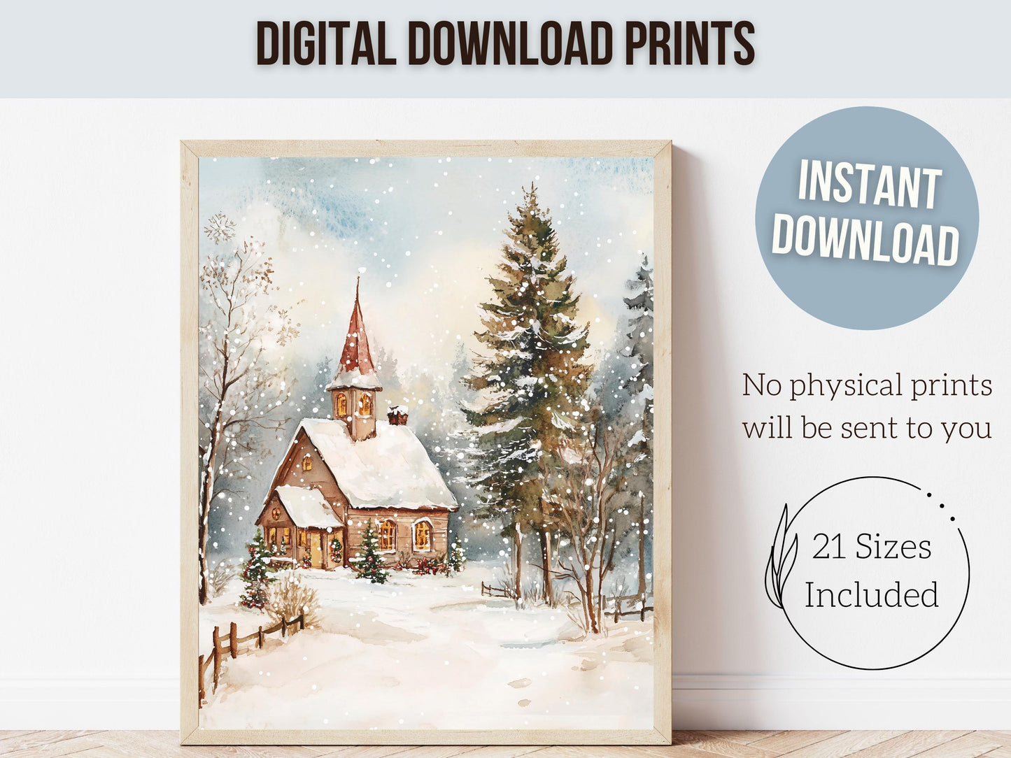 Vintage Christmas Church Print, Christmas Wall Art, Festive Christmas Holiday Decor Printables, Farmhouse Cottagecore Decor Digital Print