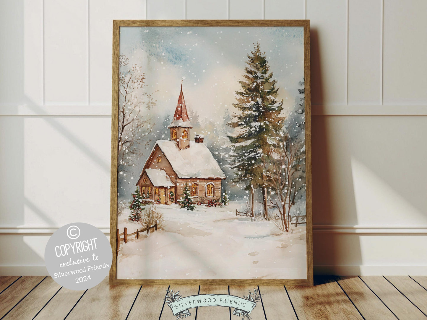 Vintage Christmas Church Print, Christmas Wall Art, Festive Christmas Holiday Decor Printables, Farmhouse Cottagecore Decor Digital Print